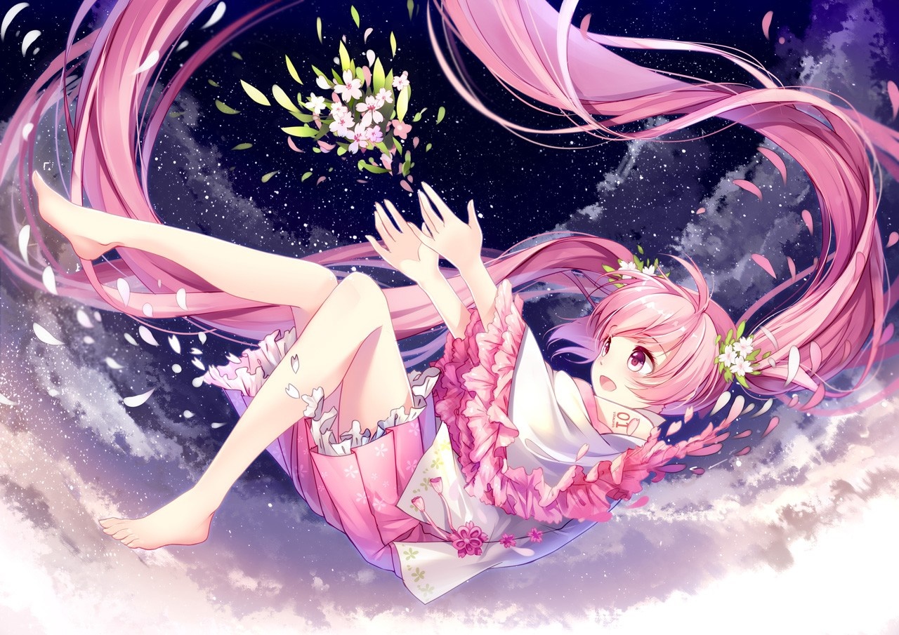 Sakura Miku floating in space with flowers HD Wallpaper