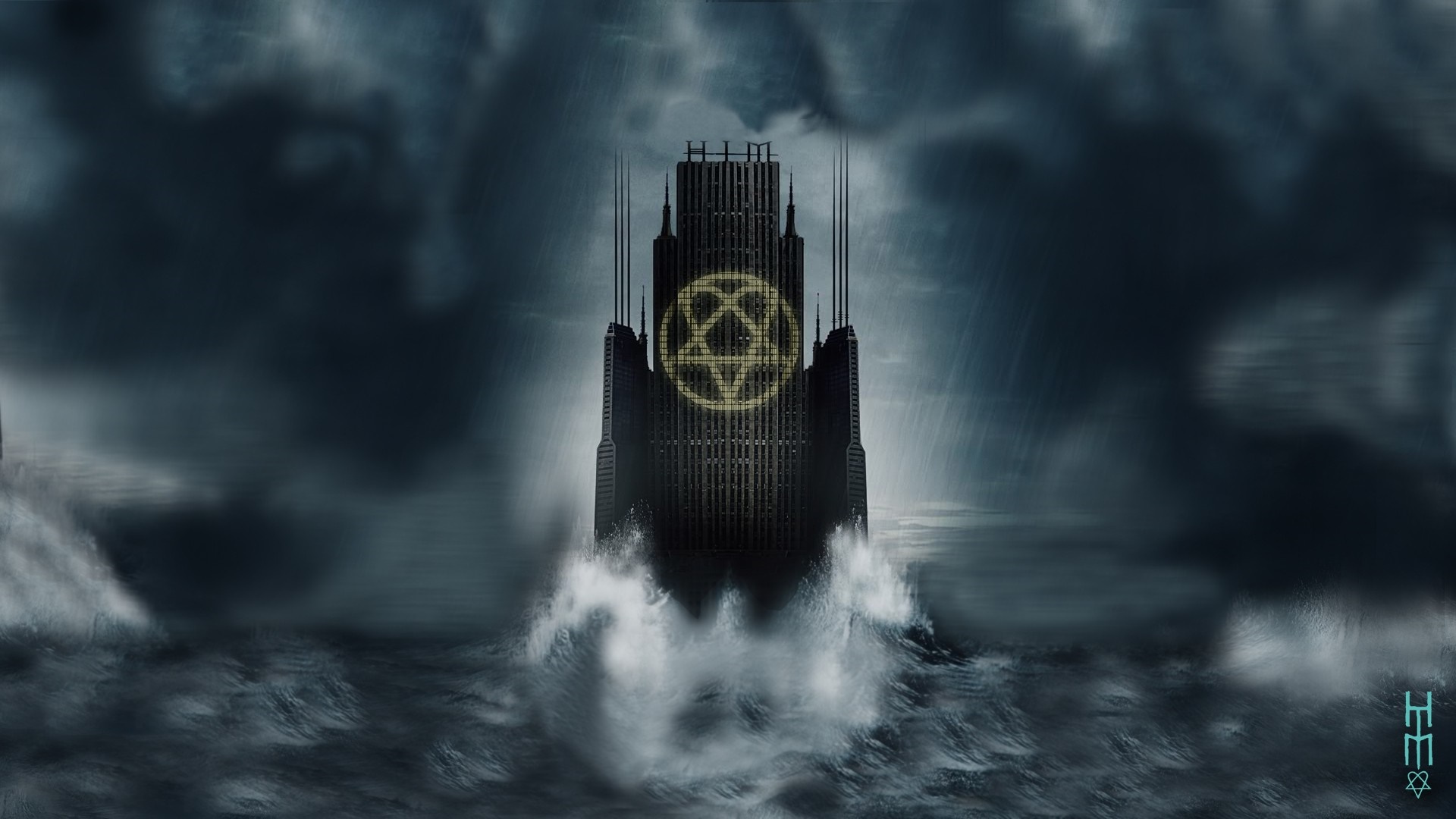 HIM logo on a dark tower in the ocean HD Wallpaper