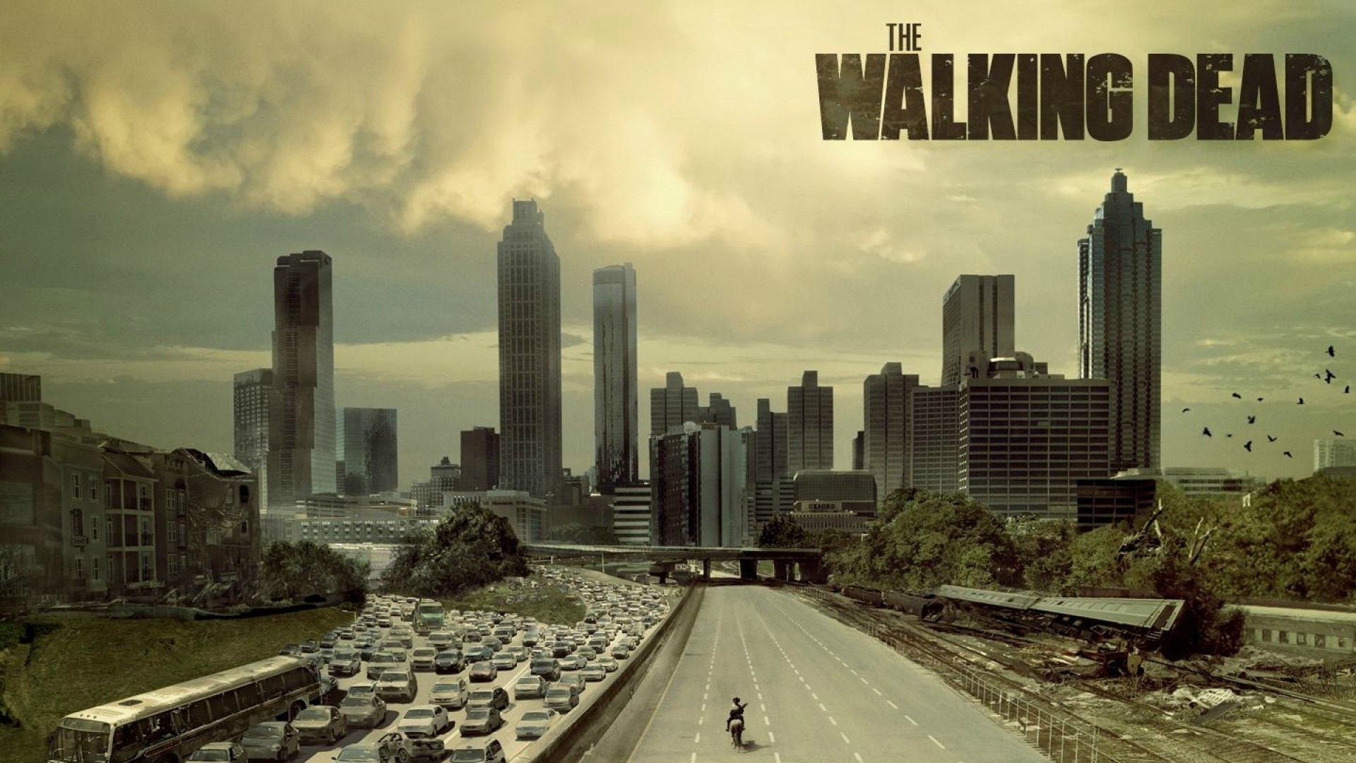 The Walking Dead title card with Atlanta skyline and highway HD Wallpaper