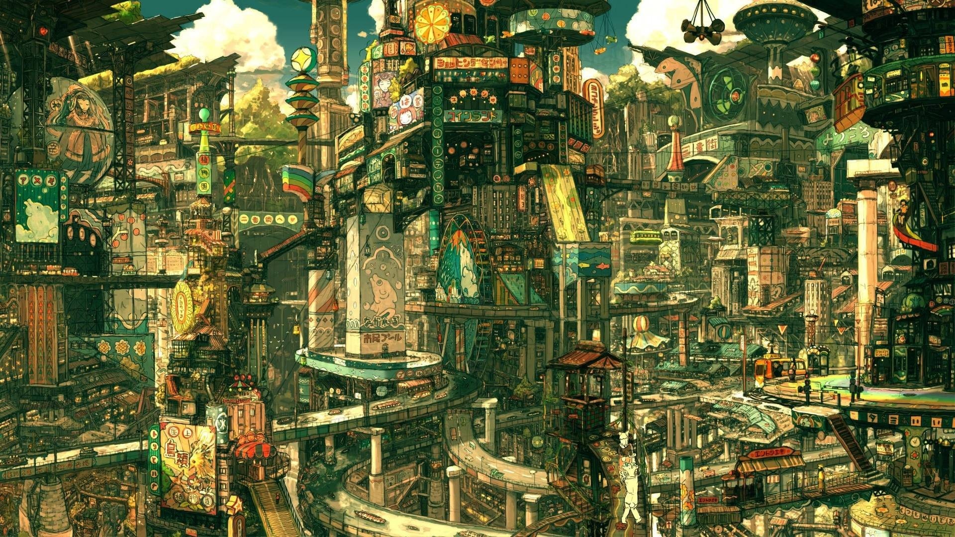 A dense, multi-layered futuristic city with many signs and walkways HD Wallpaper