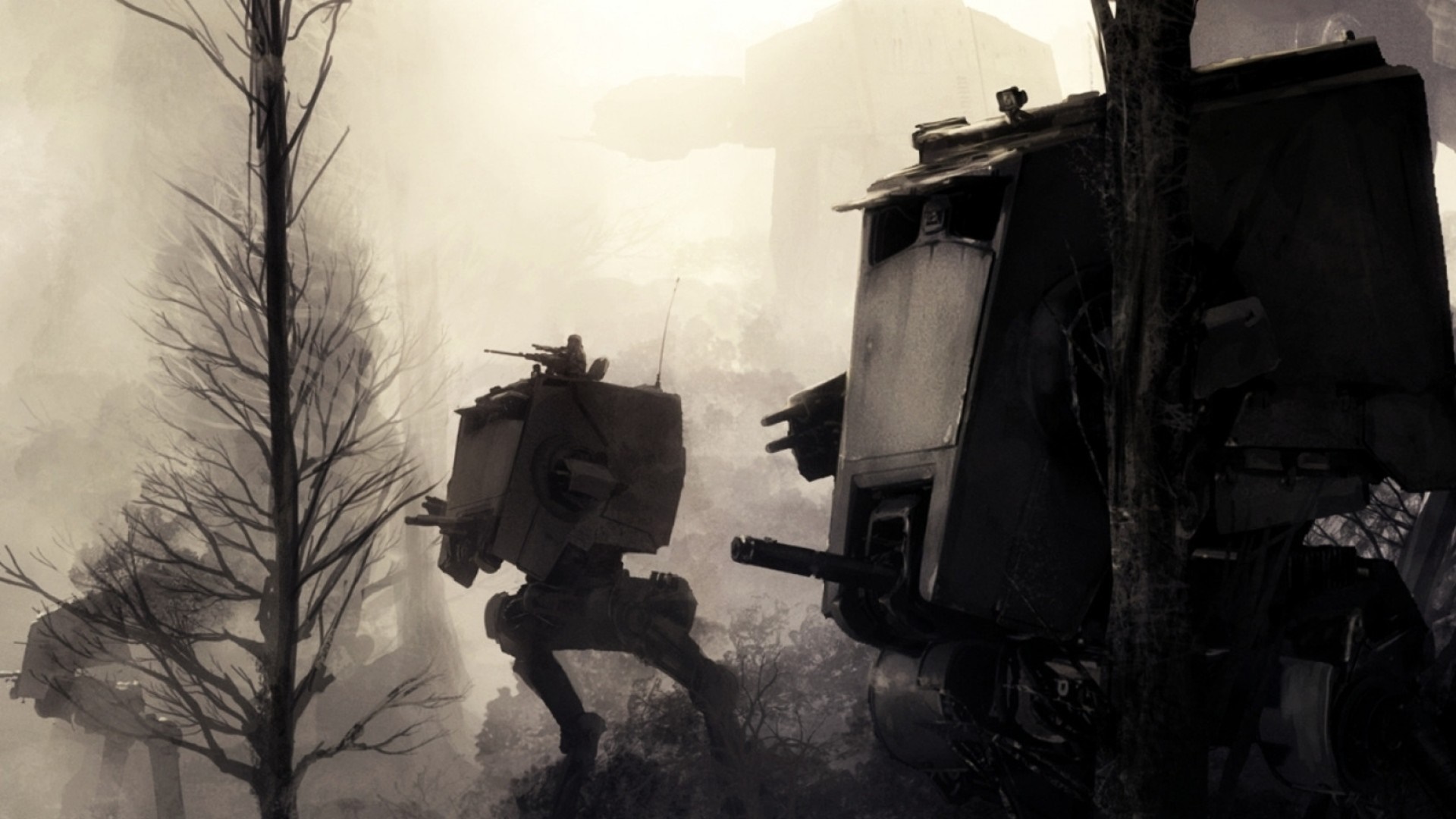 Star Wars AT-ST walkers in a foggy forest HD Wallpaper