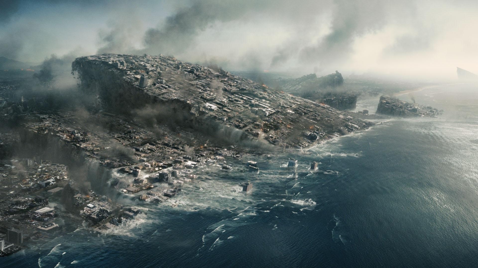 Destroyed city on a cliff overlooking the ocean HD Wallpaper