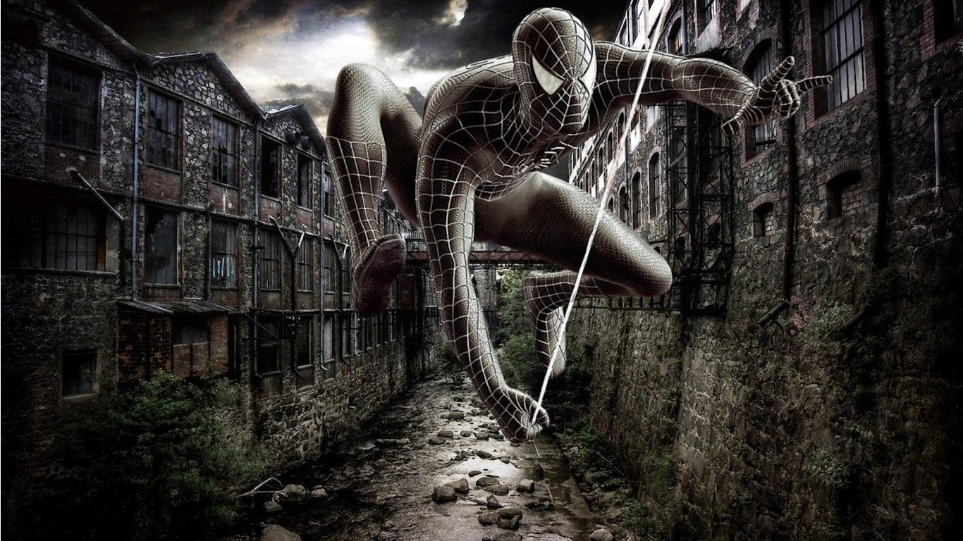 Spider-Man in black suit in abandoned industrial area HD Wallpaper