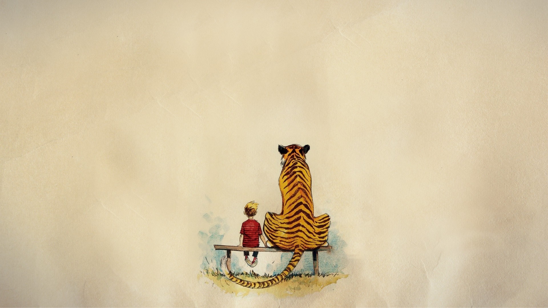 Calvin and Hobbes sitting on a bench HD Wallpaper