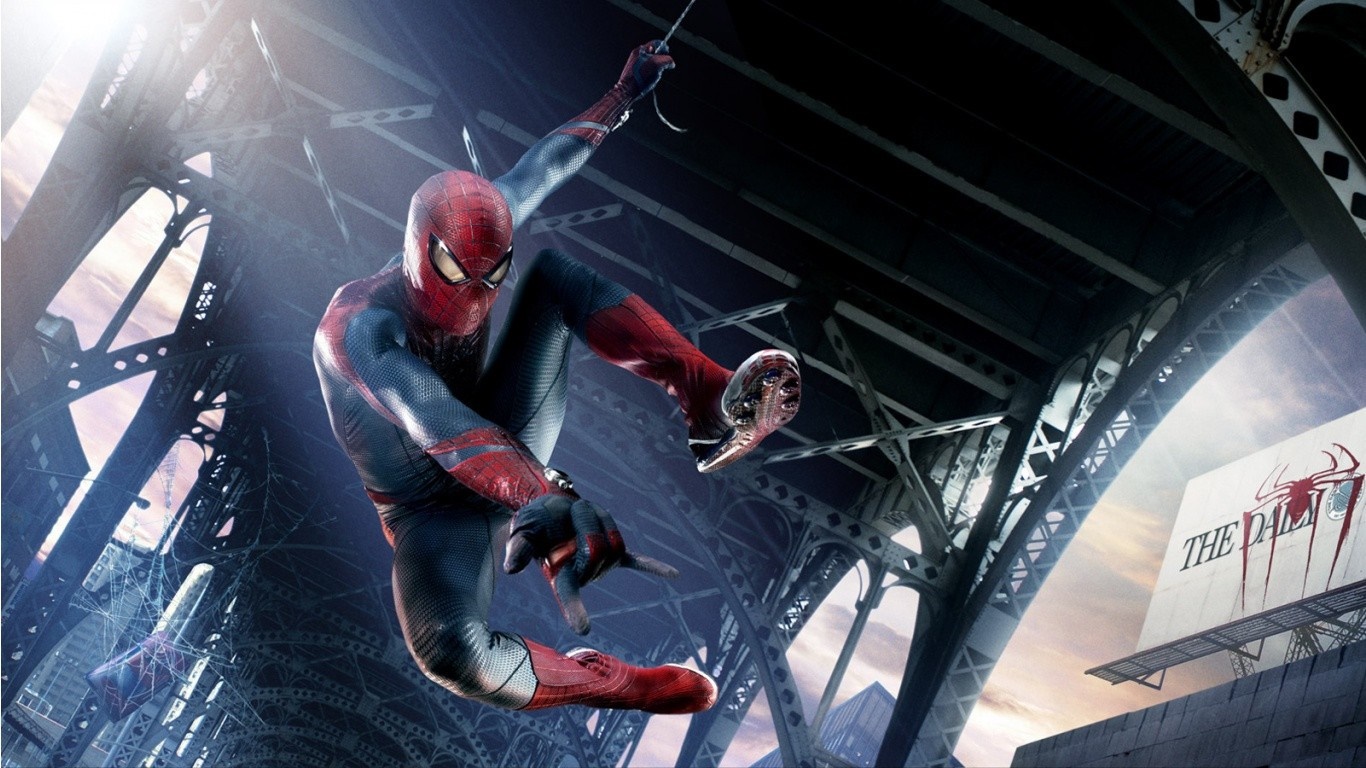 Spider-Man swinging from a web under a bridge HD Wallpaper