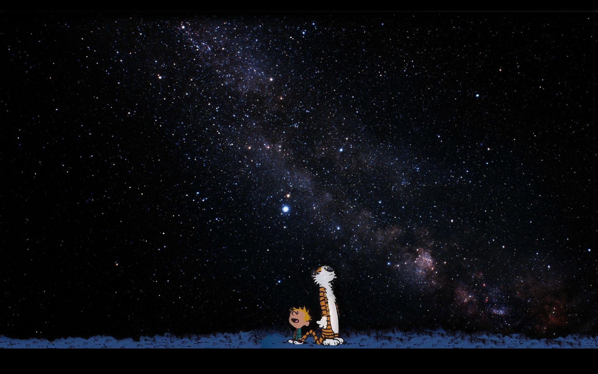Calvin and Hobbes looking at the Milky Way HD Wallpaper