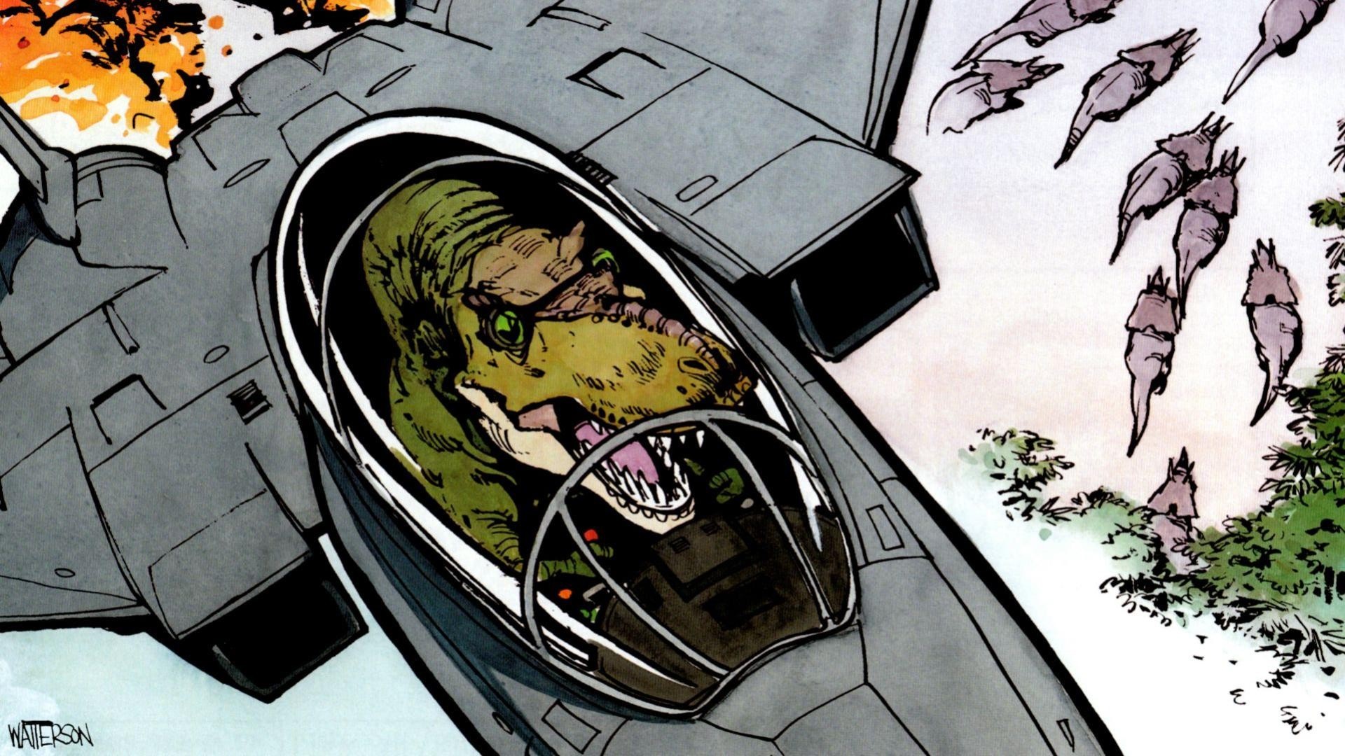 Tyrannosaurus Rex piloting a fighter jet HD Wallpaper
