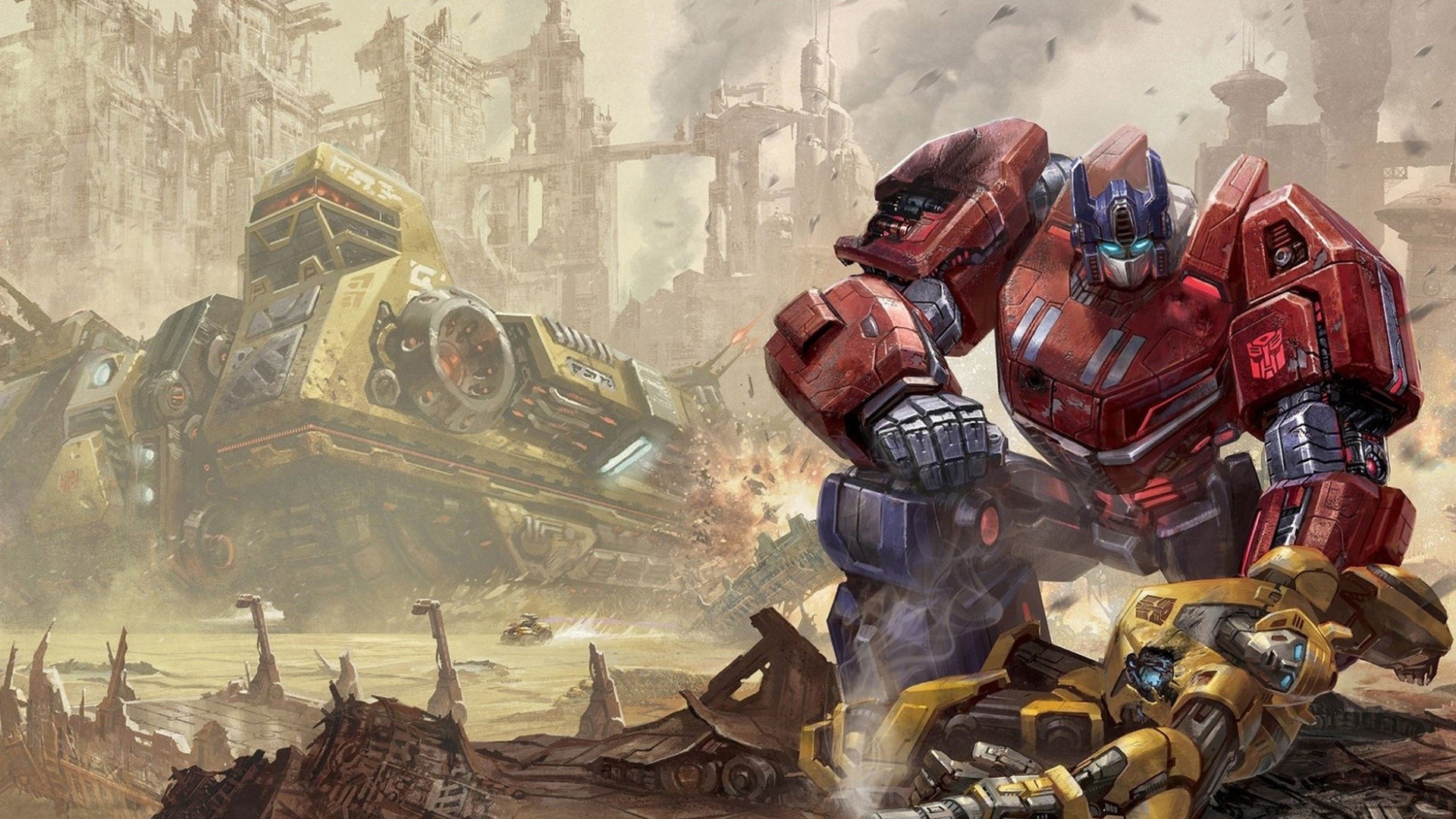 Optimus Prime and Bumblebee in a destroyed city HD Wallpaper