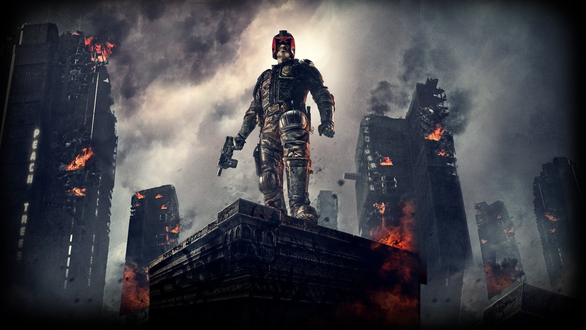 Dredd standing on a building in a destroyed city HD Wallpaper