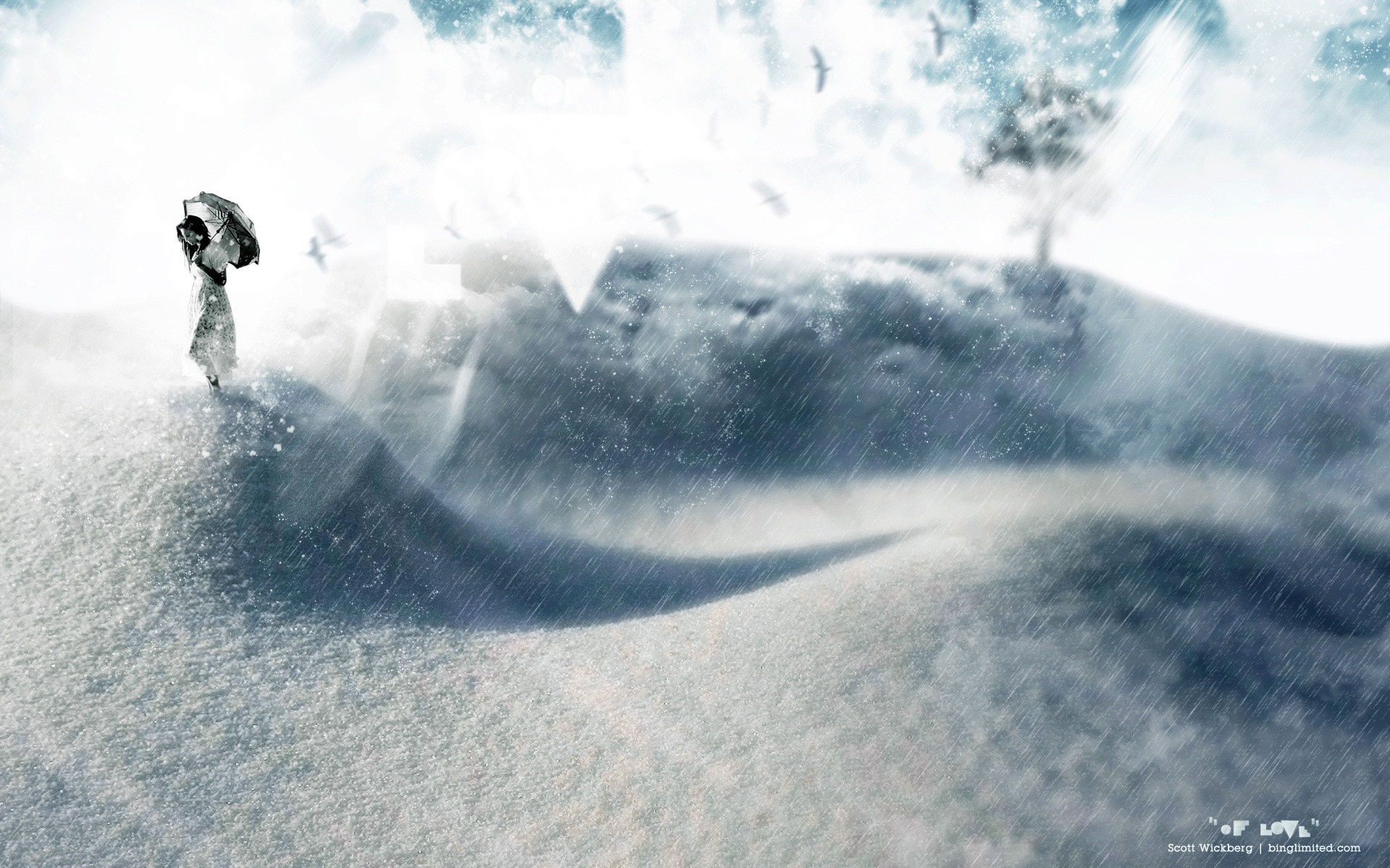 Woman with umbrella in snowy landscape HD Wallpaper