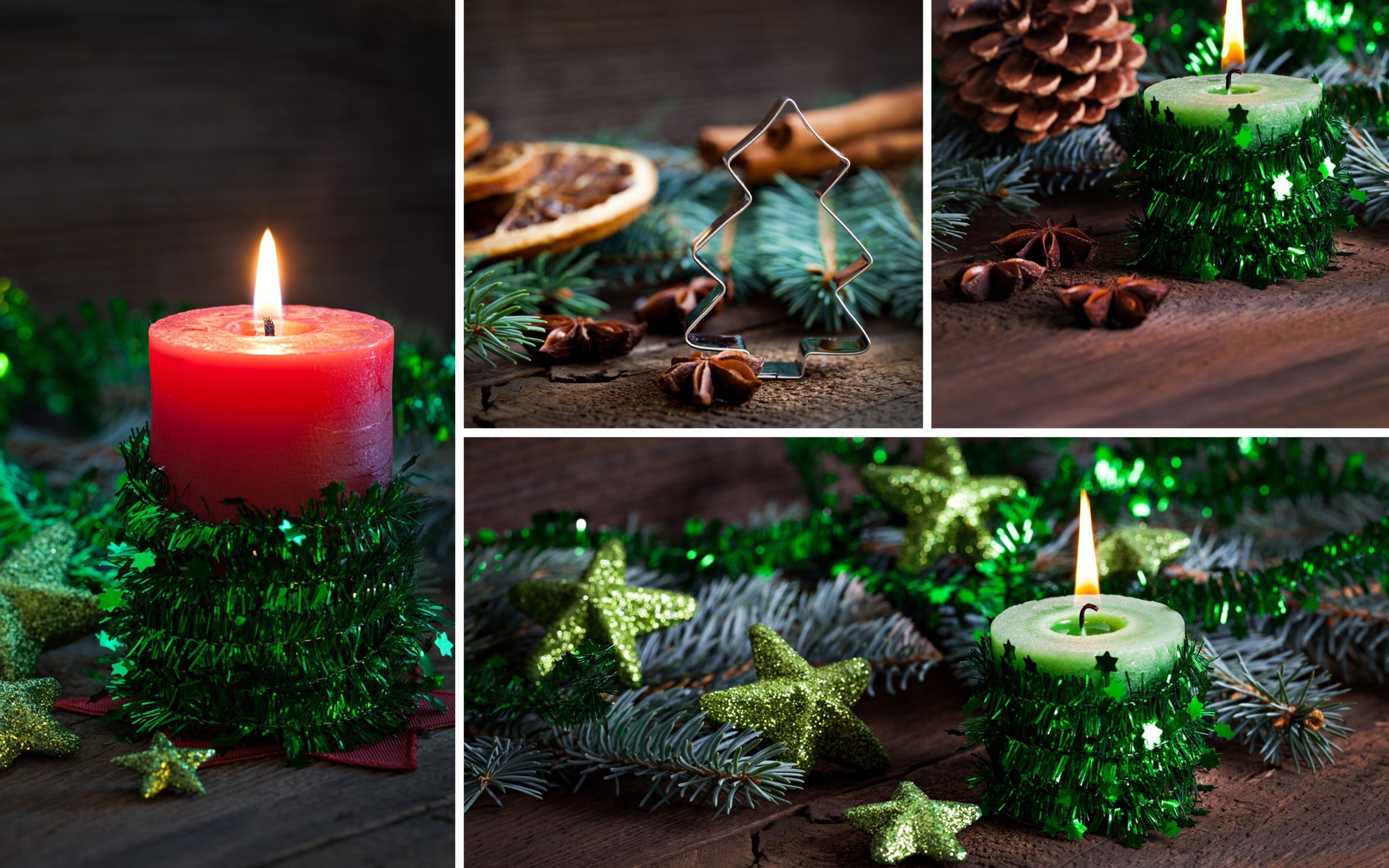 Christmas candles with pine branches and stars HD Wallpaper