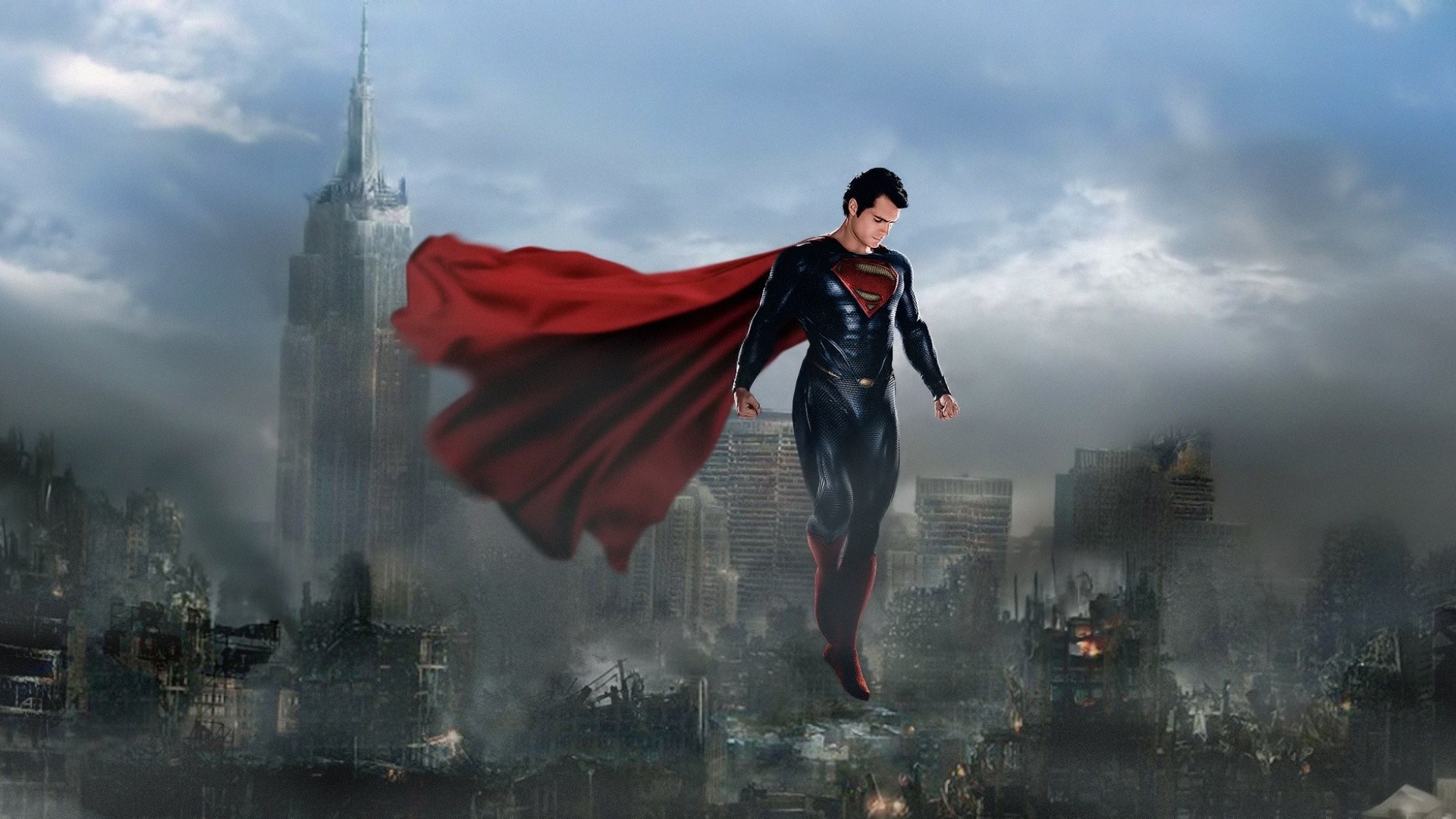 Superman flying over a destroyed city with Empire State Building HD Wallpaper