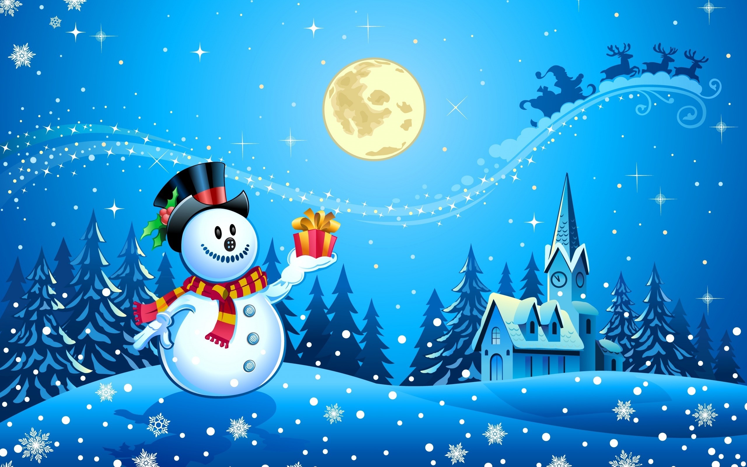 Snowman with gift in a snowy Christmas village HD Wallpaper