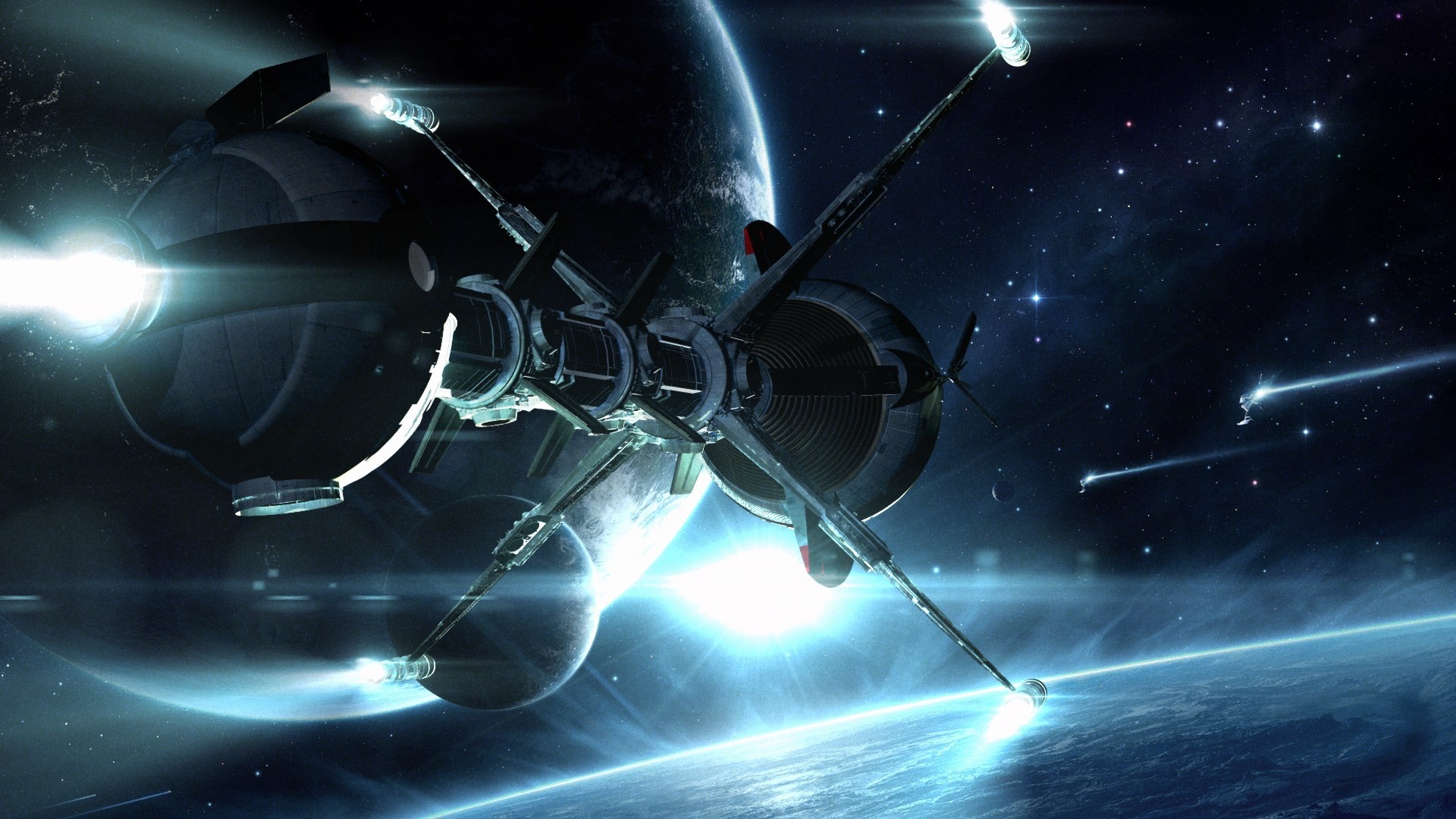 Spaceship in outer space with planets and stars HD Wallpaper