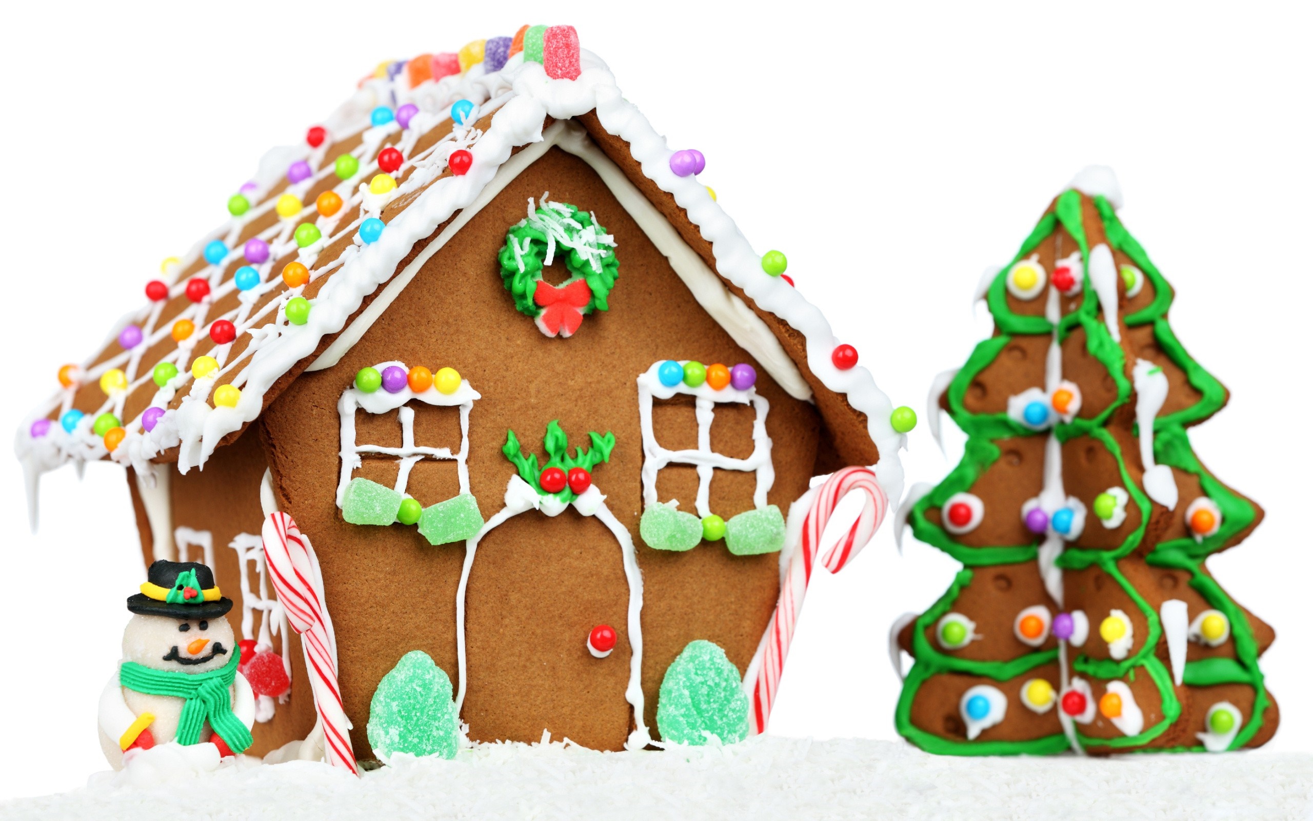 Gingerbread house, Christmas tree, and snowman with candy decorations HD Wallpaper