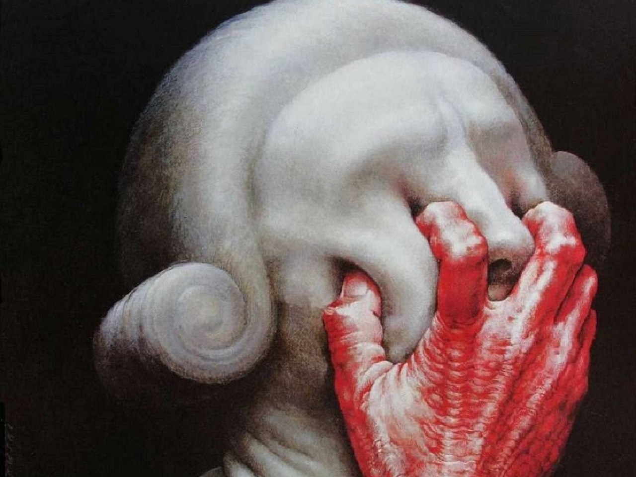 Surreal artwork of a statue with a bloody hand over its face HD Wallpaper