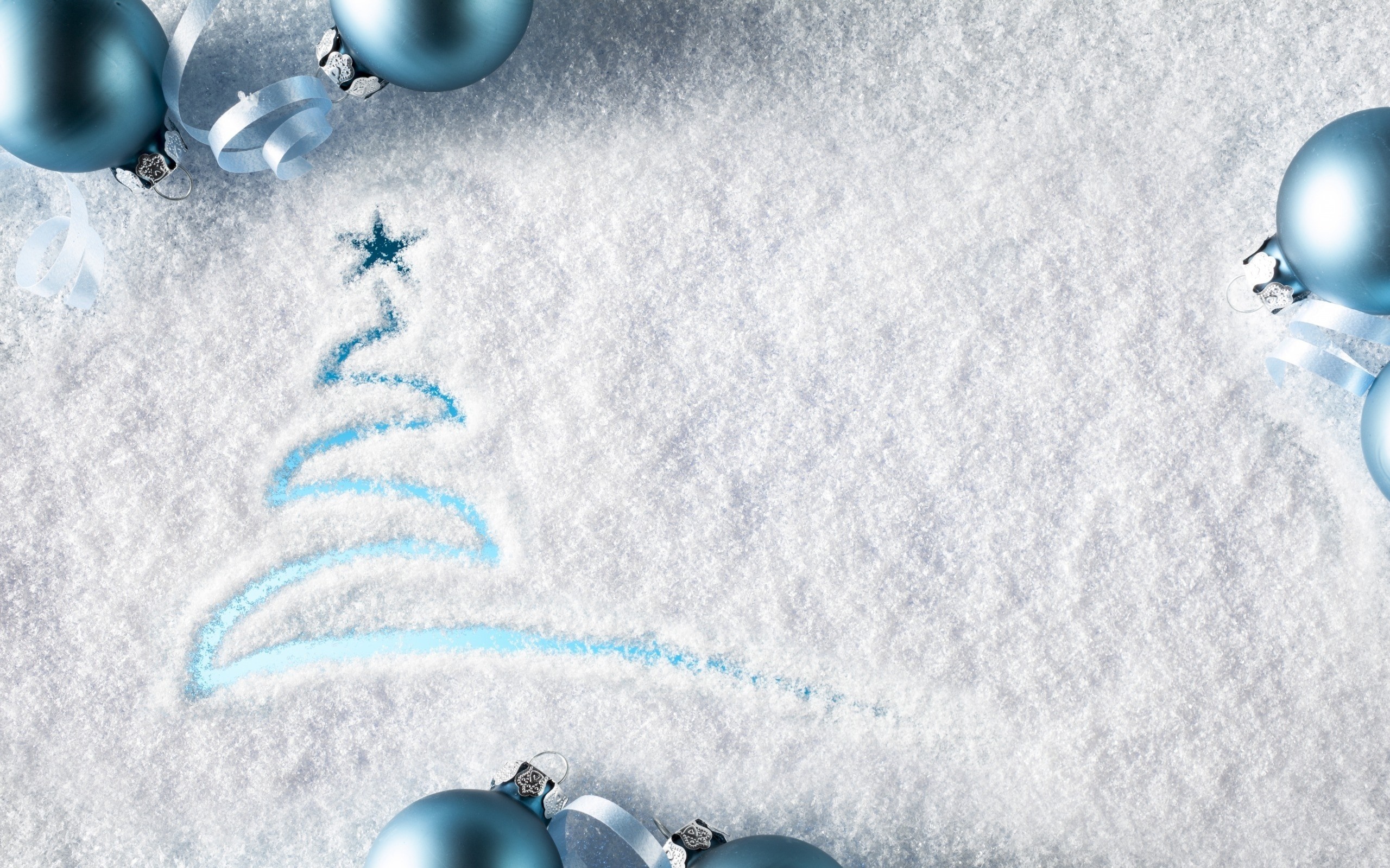Christmas tree drawn in snow with blue ornaments HD Wallpaper
