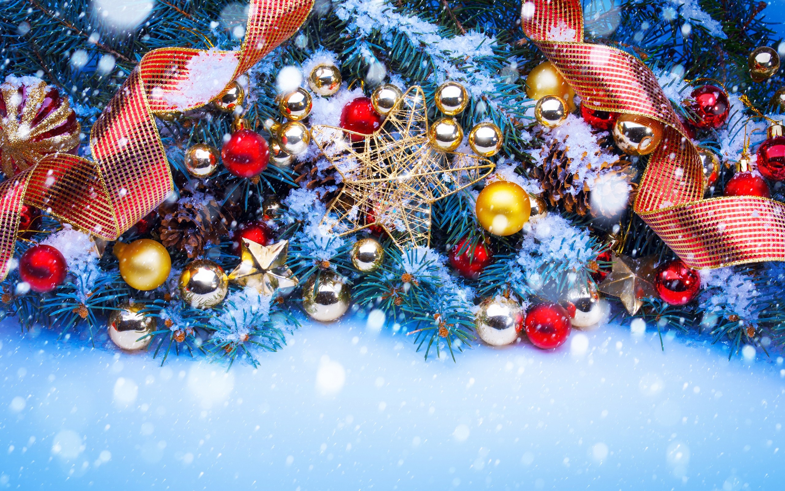 Christmas tree branches with ornaments and ribbon HD Wallpaper