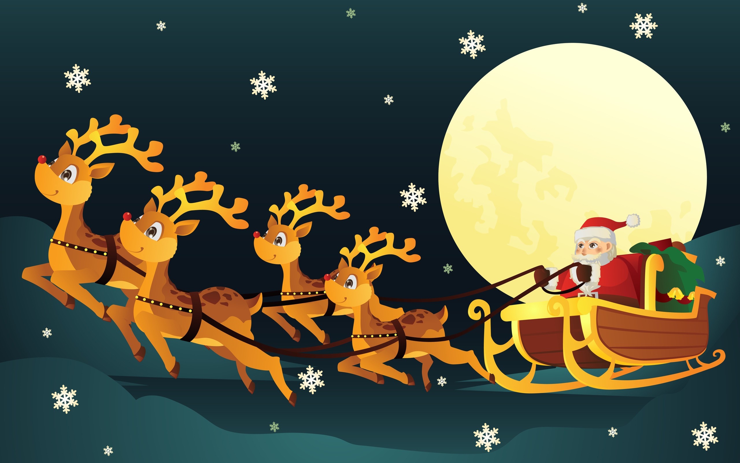 Santa Claus flying in a sleigh with reindeer HD Wallpaper