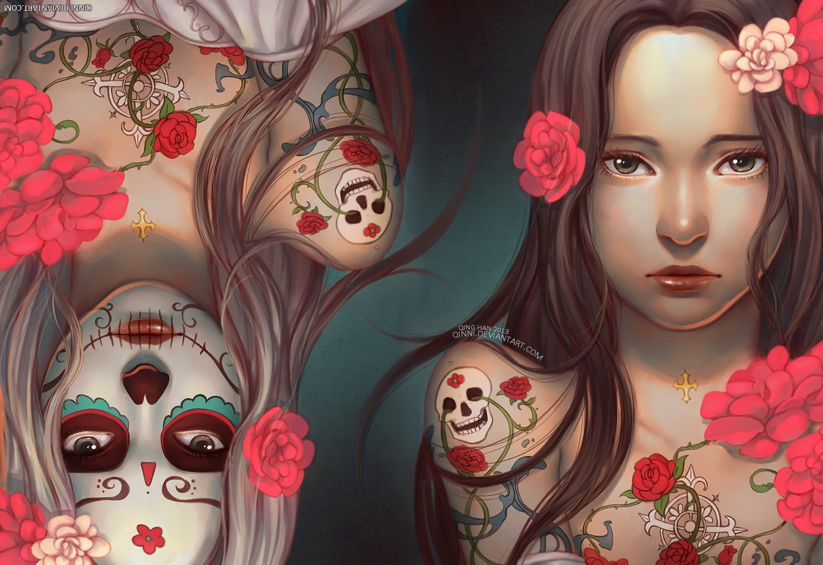 Two women with tattoos and flowers HD Wallpaper