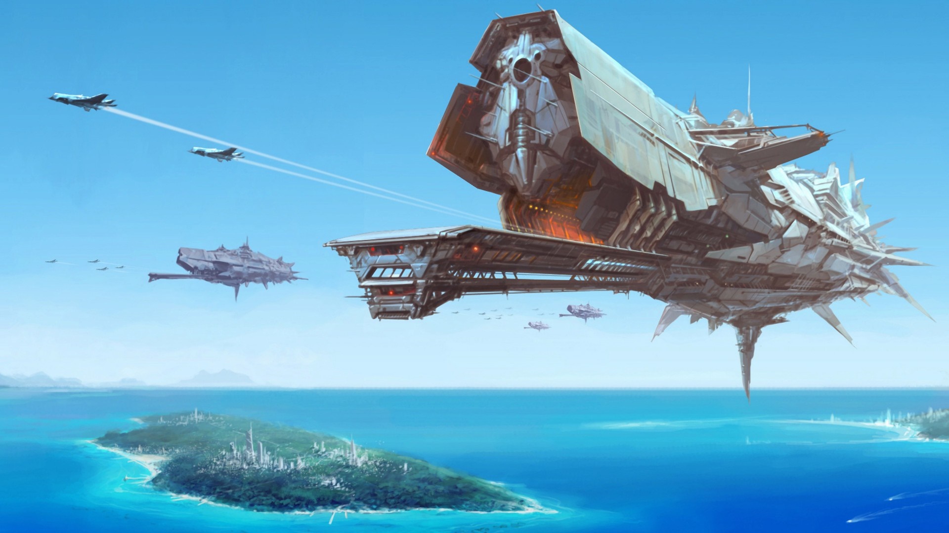 Giant futuristic airships fly over islands and ocean HD Wallpaper
