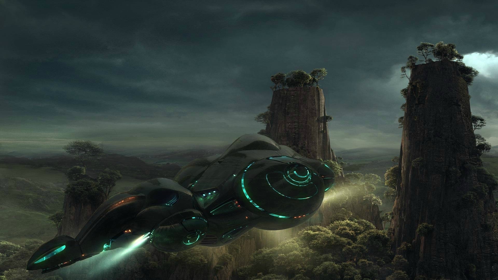 Alien spaceship flying over a mountainous landscape HD Wallpaper