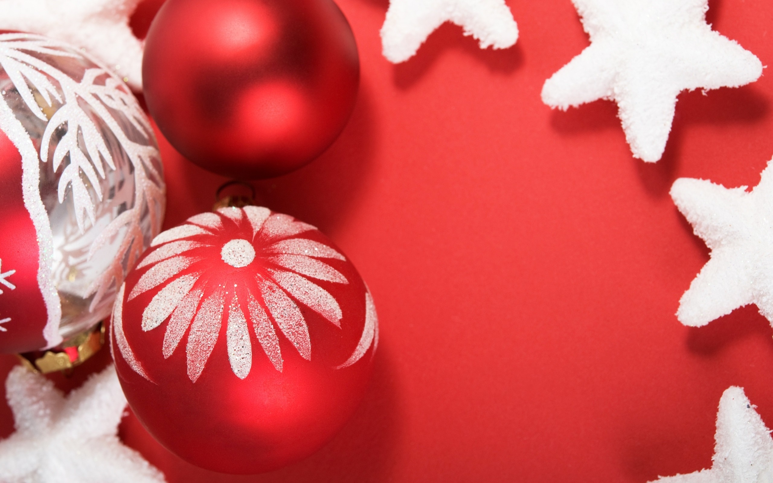 Red Christmas ornaments and white stars on red background HD Wallpaper