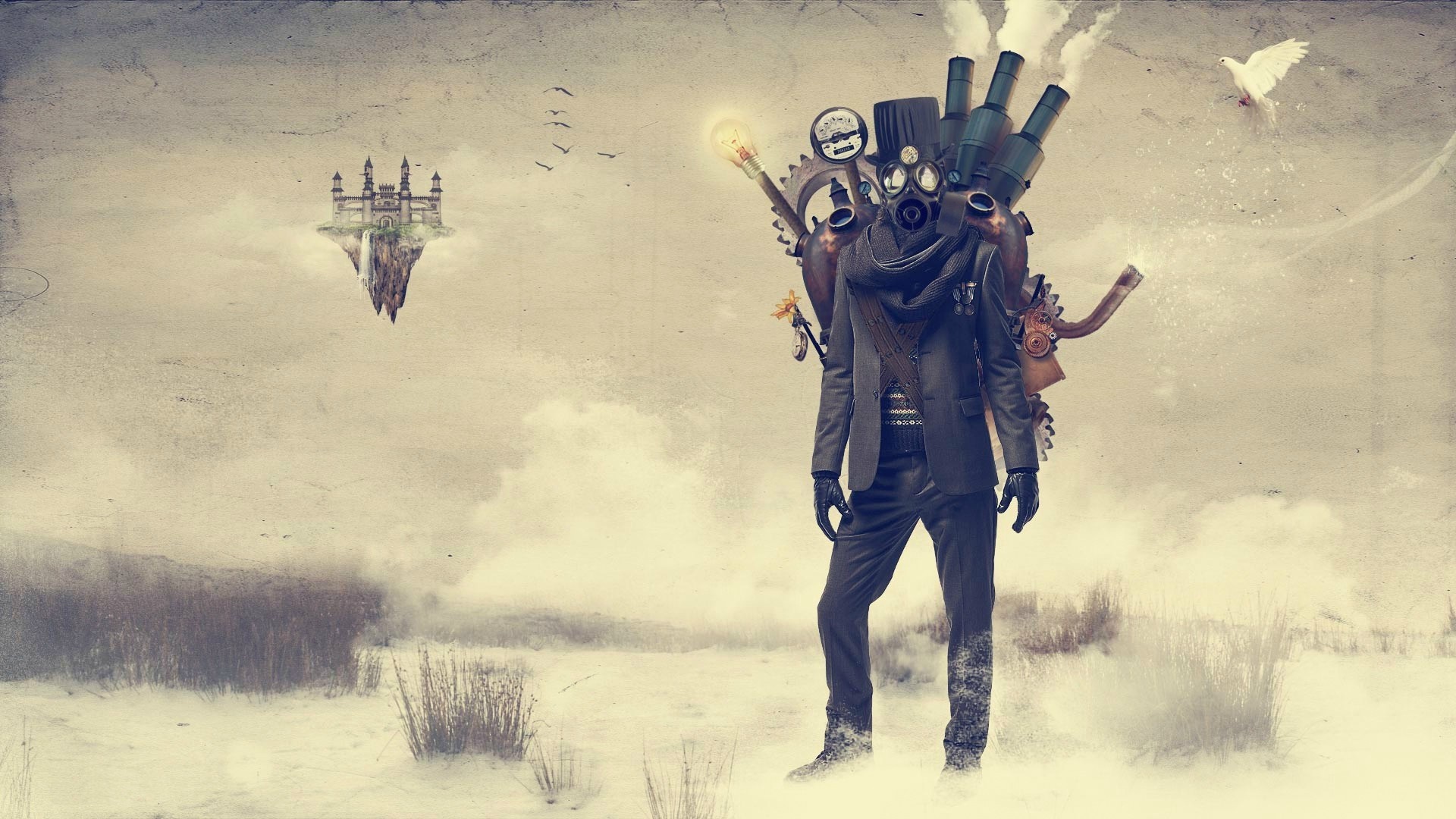 Steampunk character with gas mask and floating castle HD Wallpaper