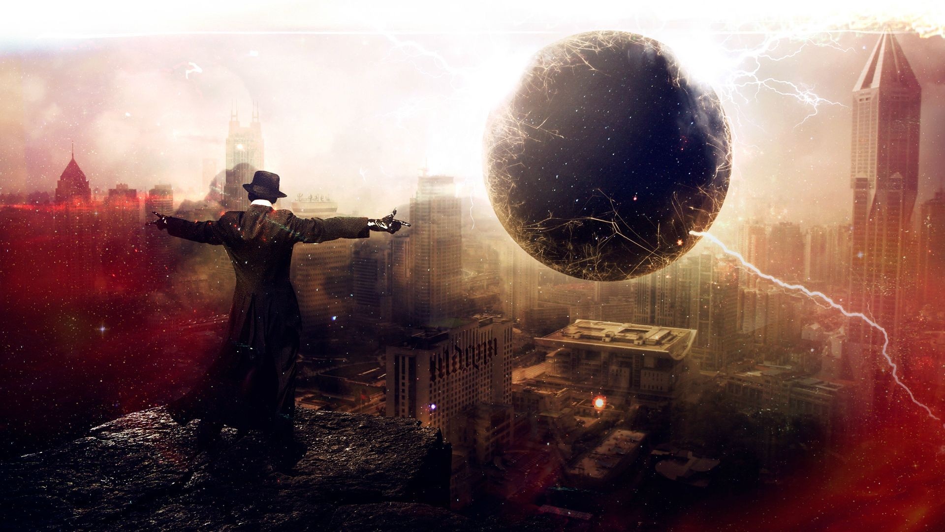 Man in hat facing a cracked planet over a ruined city HD Wallpaper