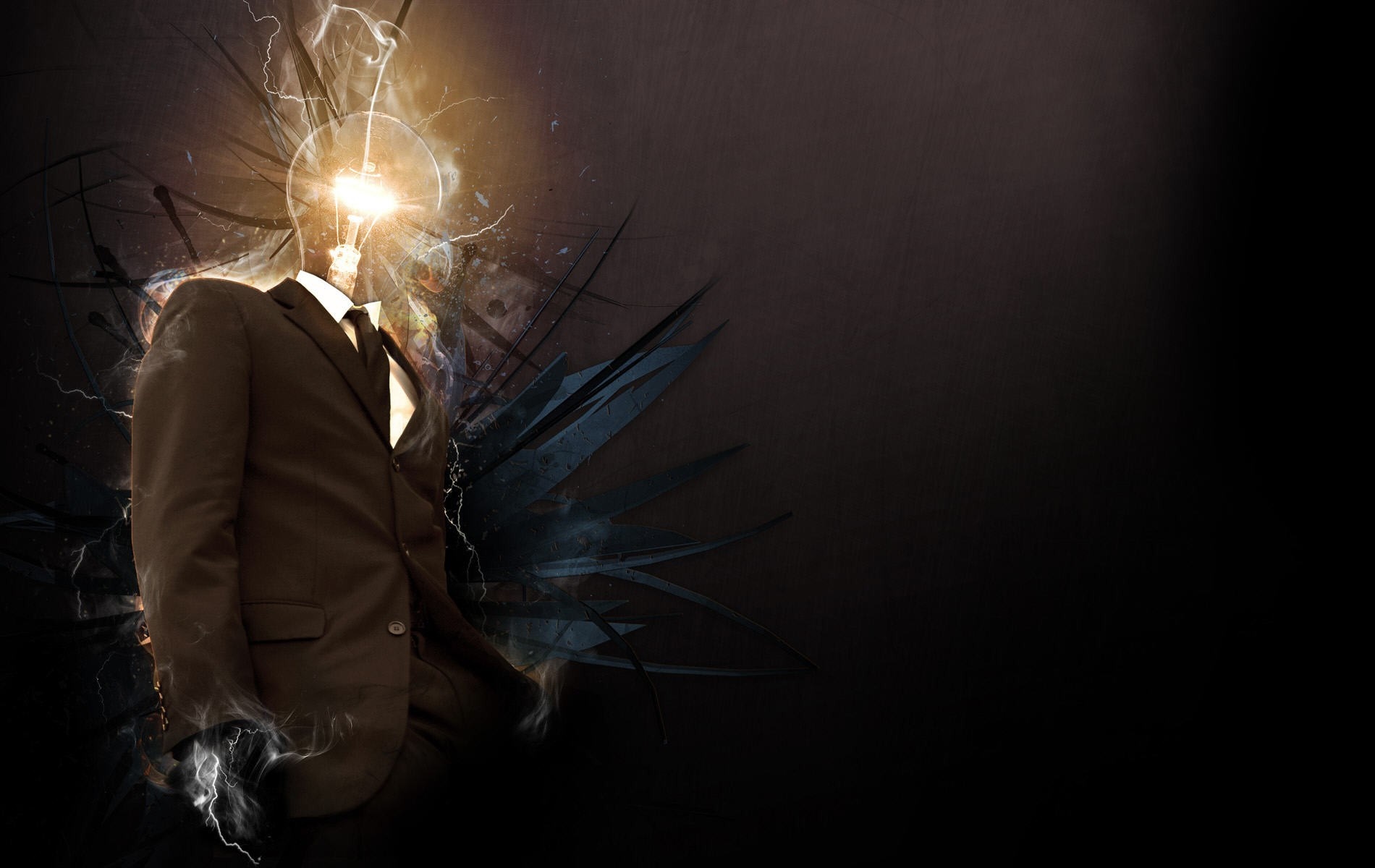 Man in Suit with Lightbulb Head and Abstract Elements HD Wallpaper