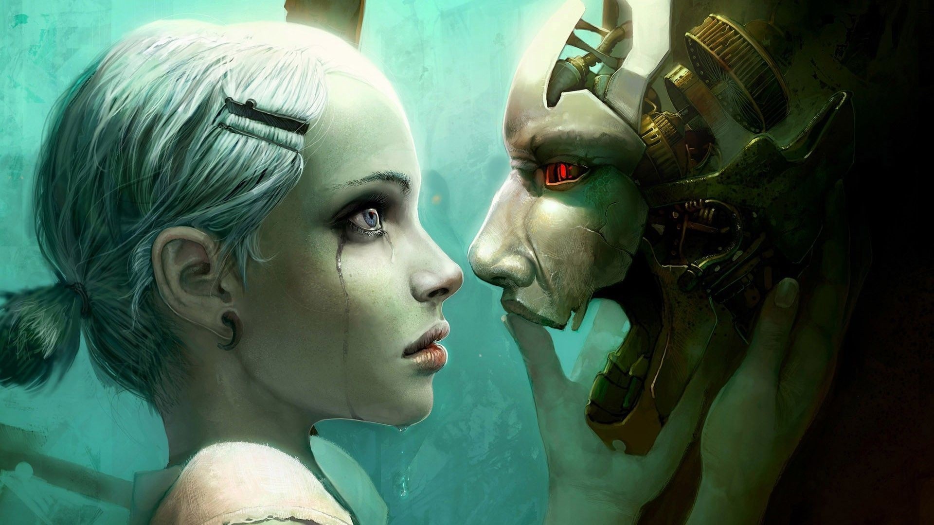 Girl crying next to a robot head HD Wallpaper