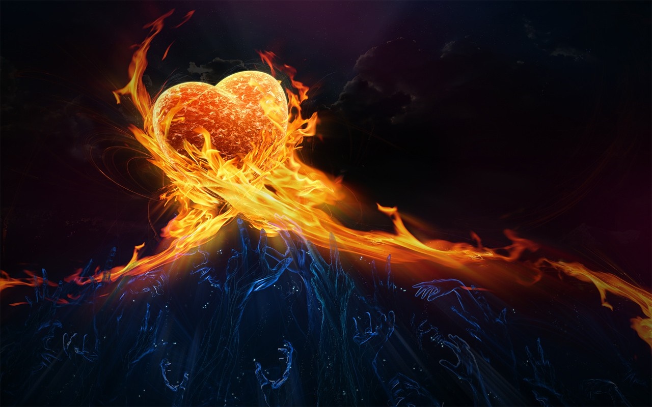 Fiery heart above reaching hands in darkness HD Wallpaper