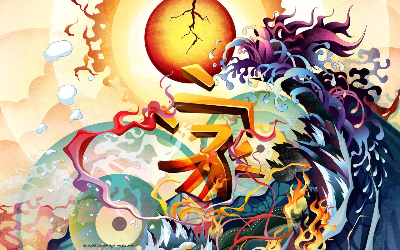 Abstract illustration with Japanese characters and sun HD Wallpaper