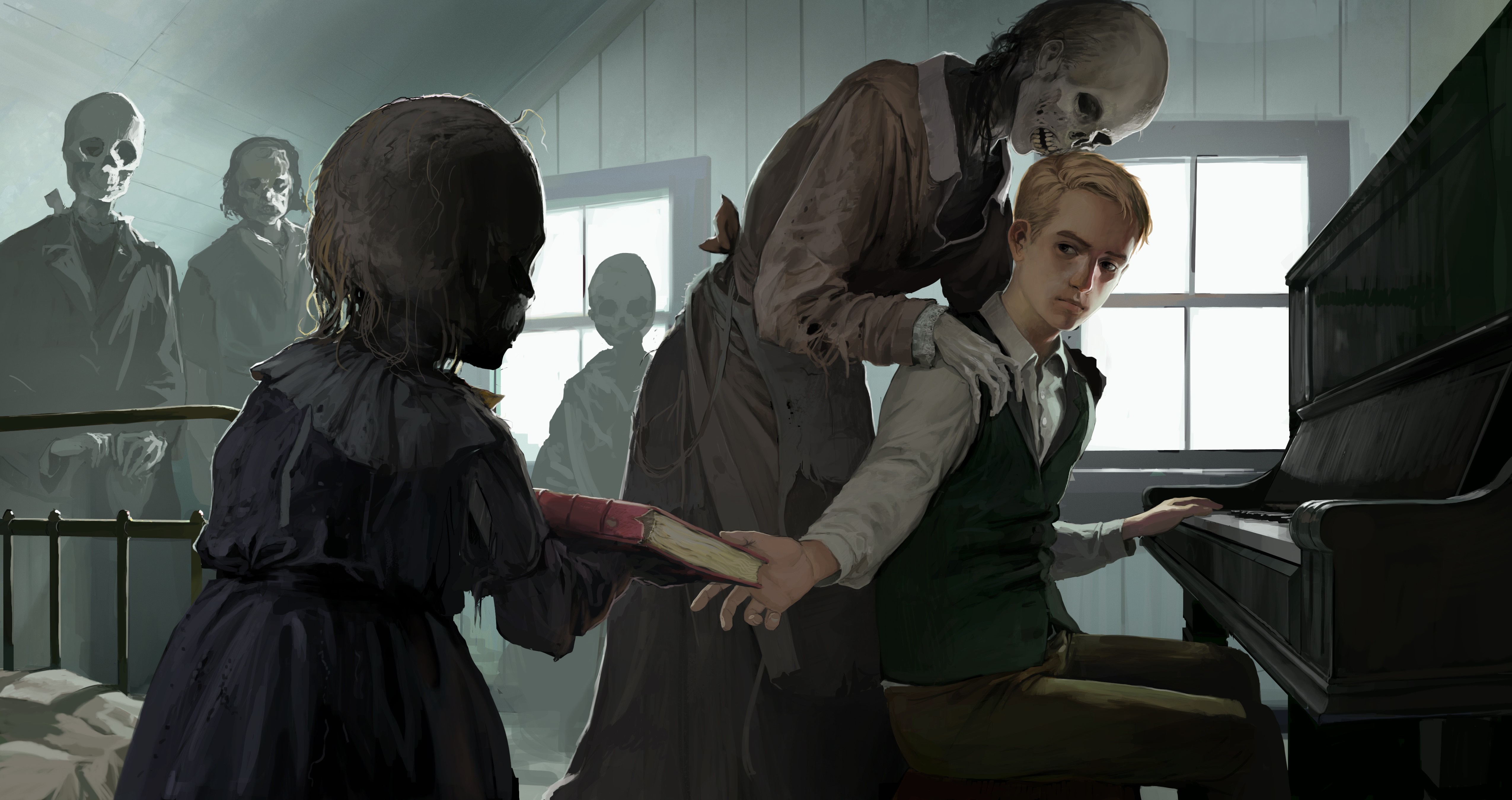 Skeletons and a boy playing piano HD Wallpaper