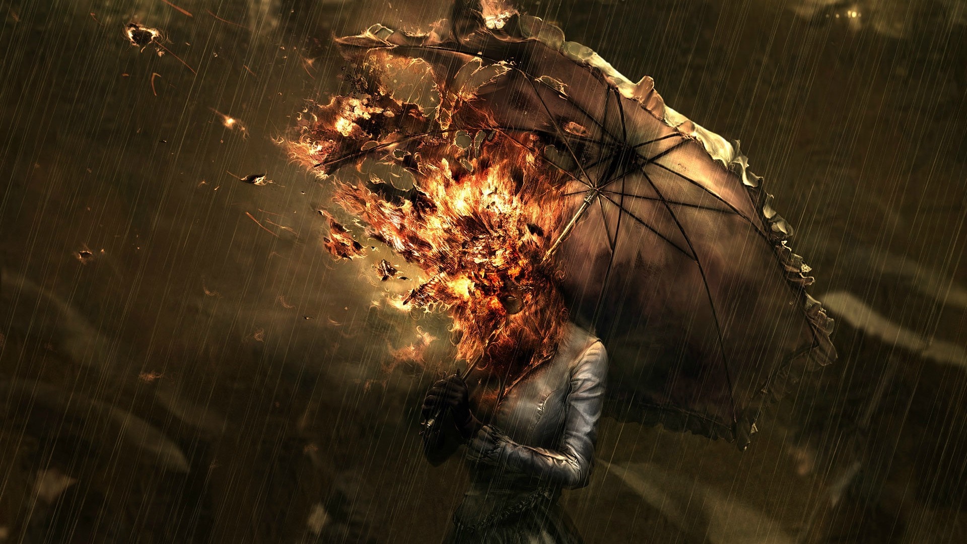 Woman with burning head holding umbrella in rain HD Wallpaper