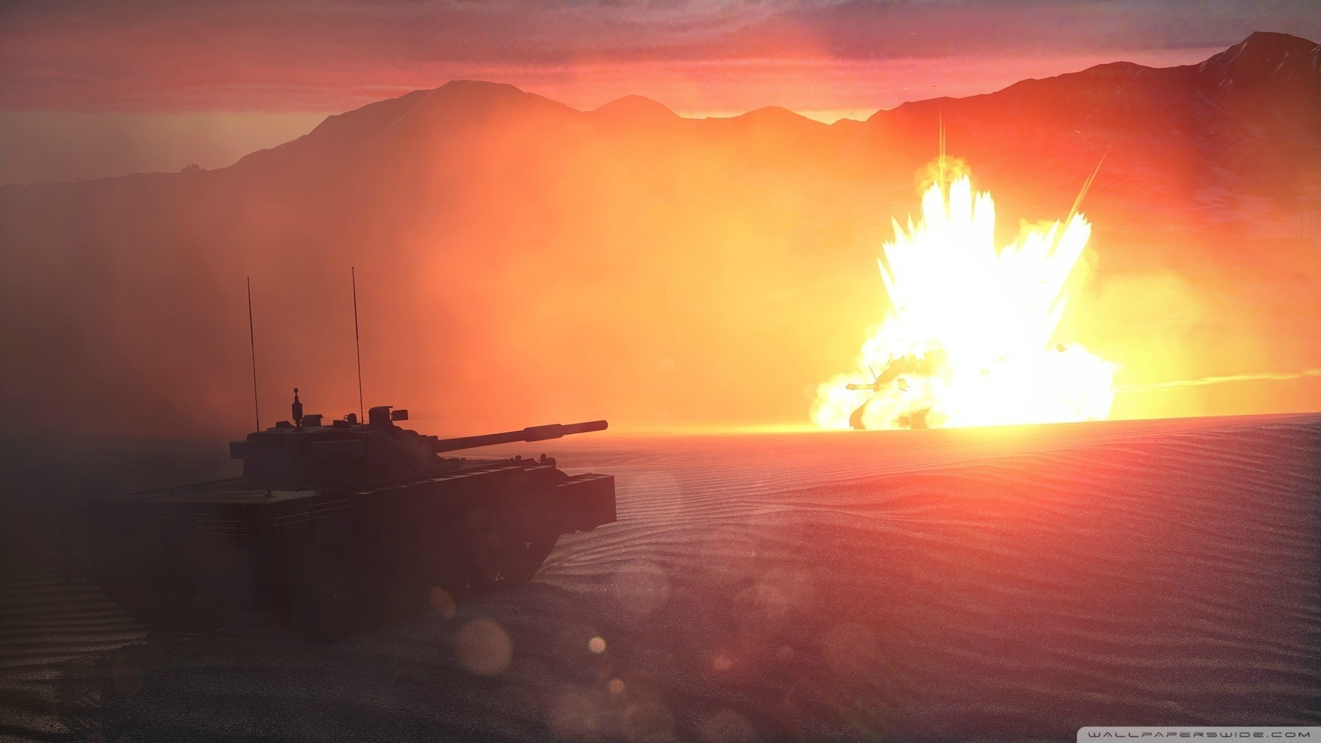Tank in desert during explosion at sunset HD Wallpaper