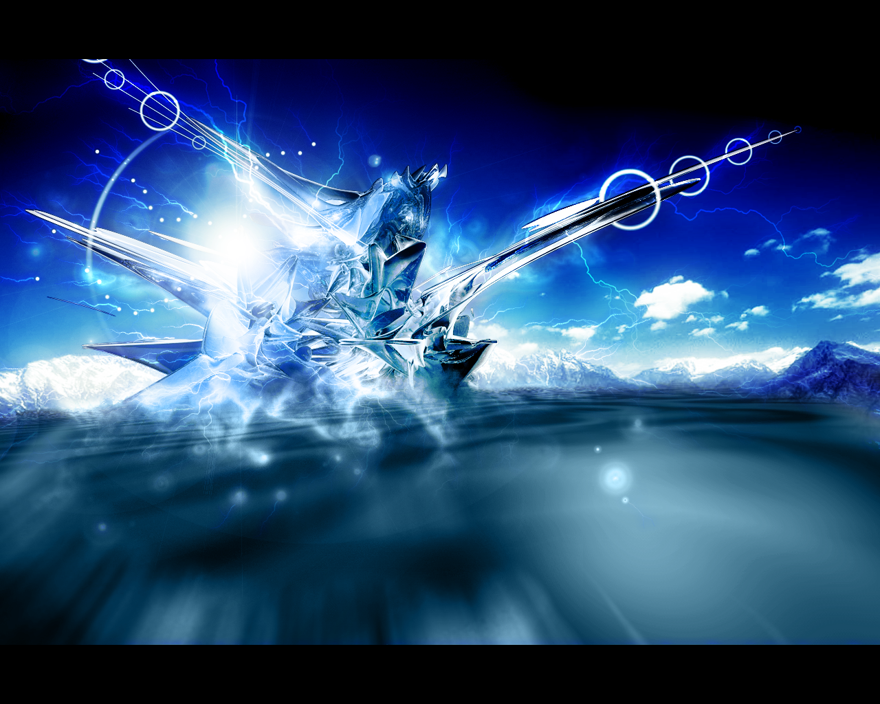 Abstract ice sculpture with lightning over a mountain landscape HD Wallpaper