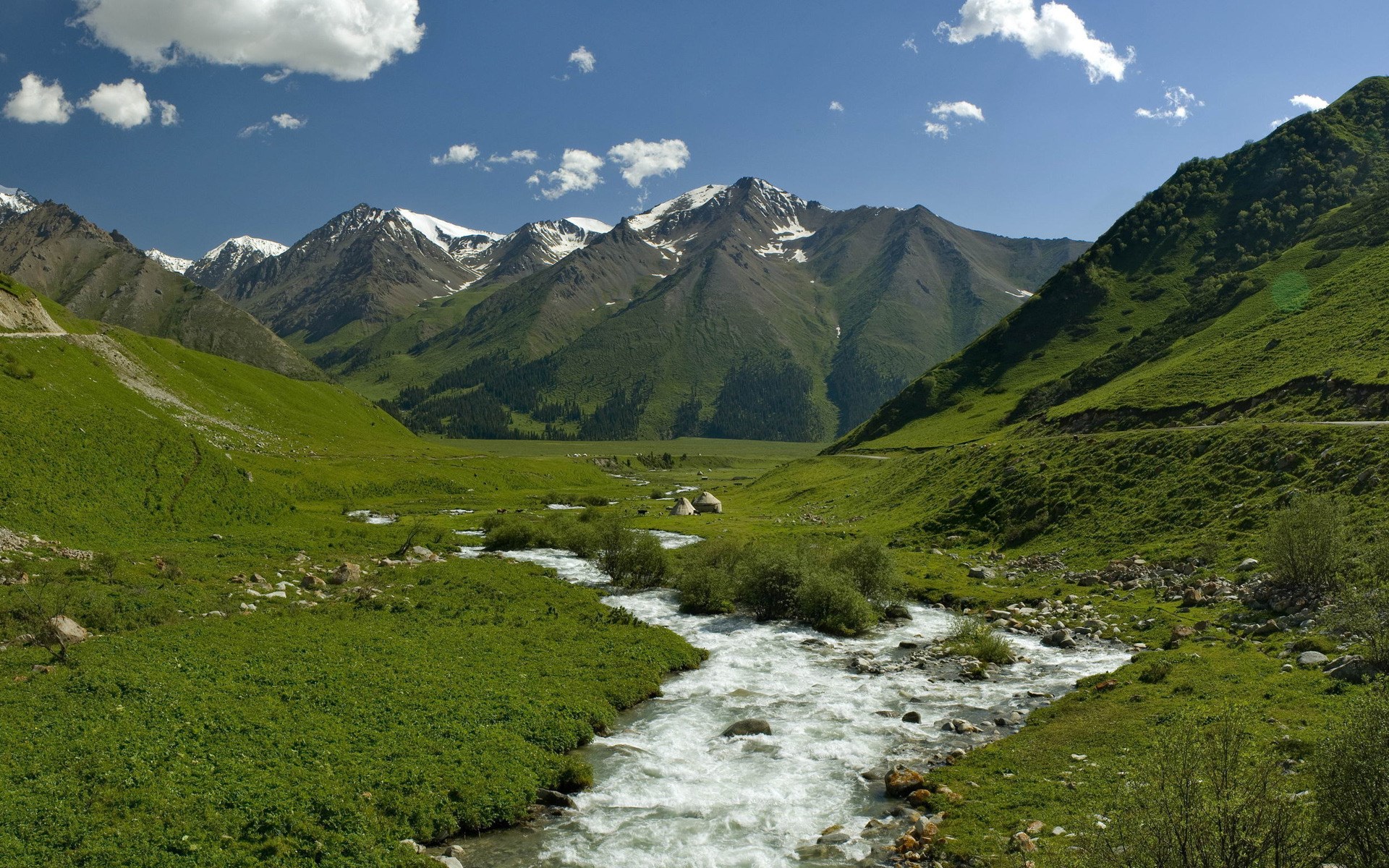 Mountain valley with a river and snow-capped peaks HD Wallpaper