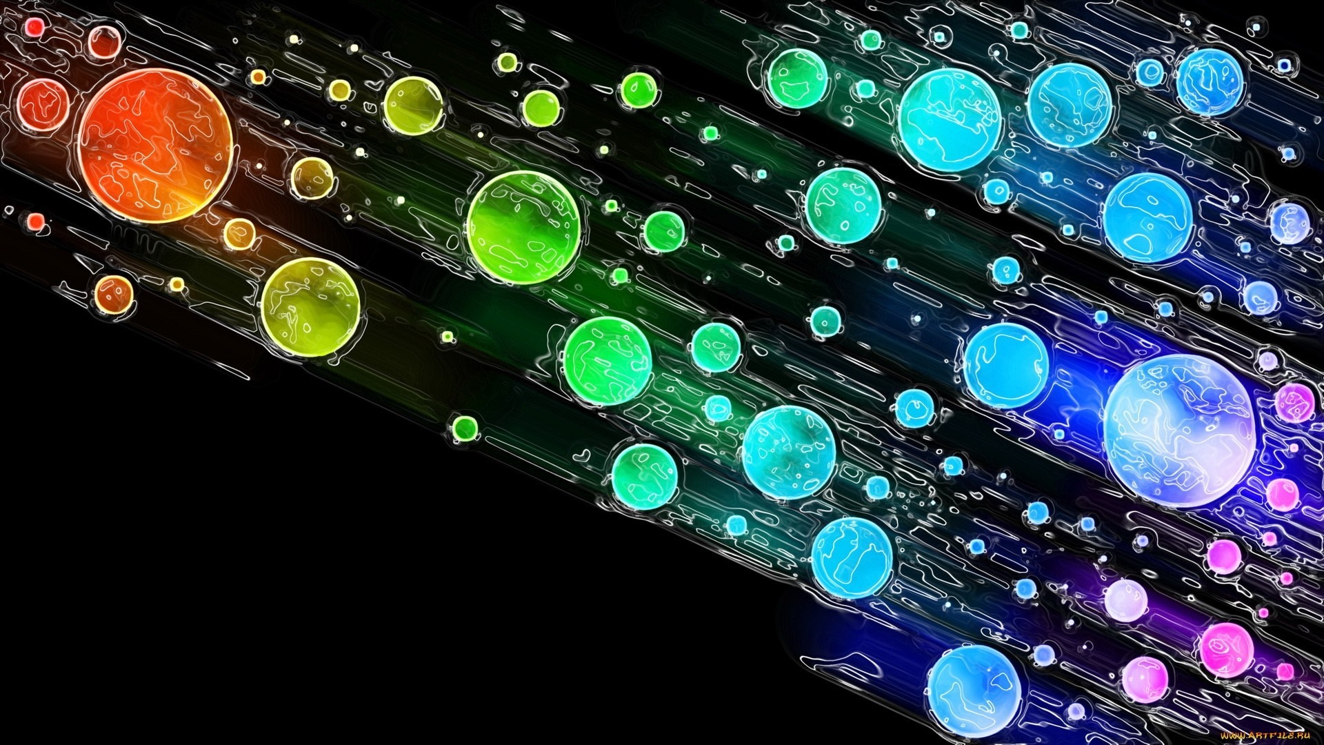 Abstract colorful circles with glowing outlines on black background HD Wallpaper