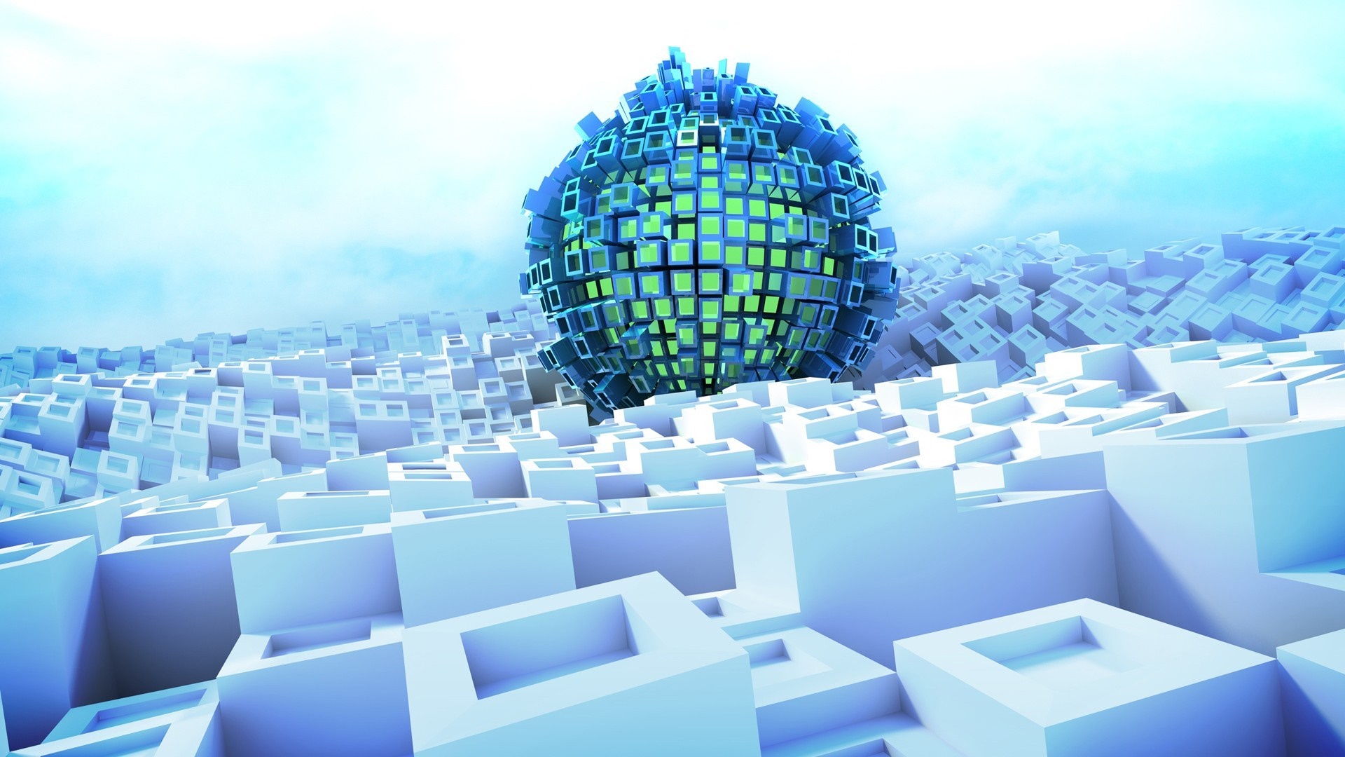 Abstract blue sphere made of cubes over a landscape of cubes HD Wallpaper