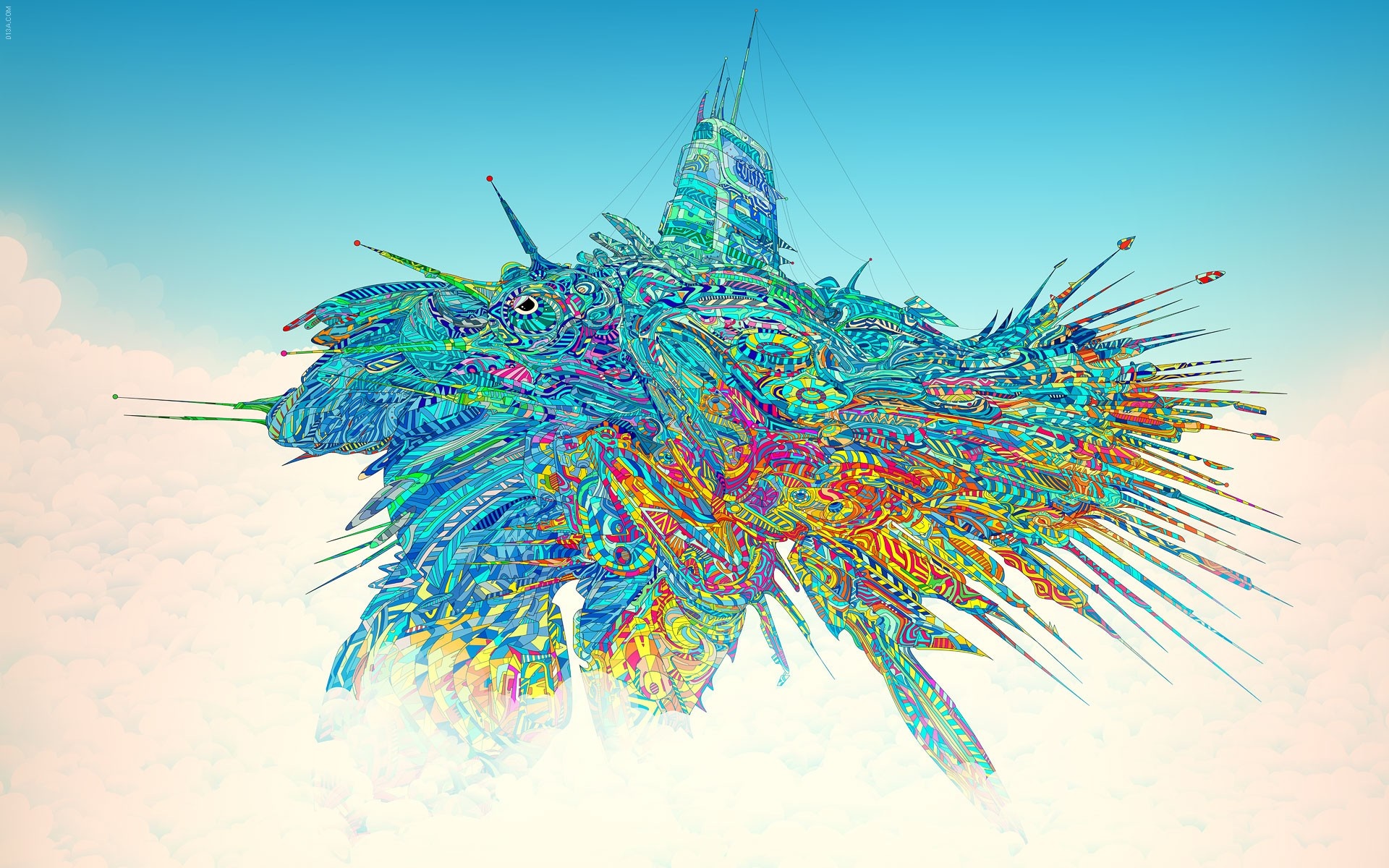Surreal abstract illustration of a colorful flying object HD Wallpaper