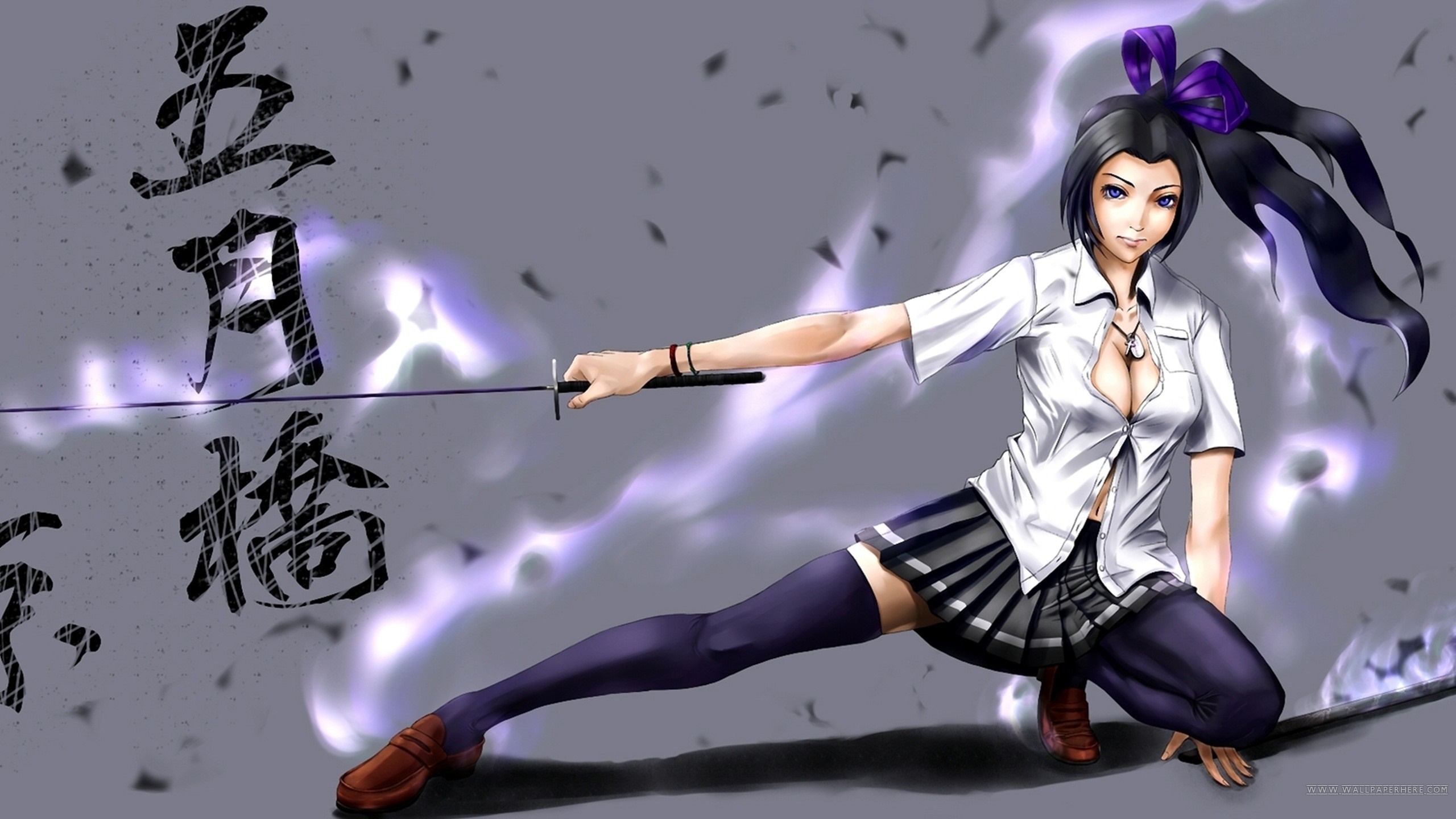 Anime girl with sword and Japanese calligraphy HD Wallpaper