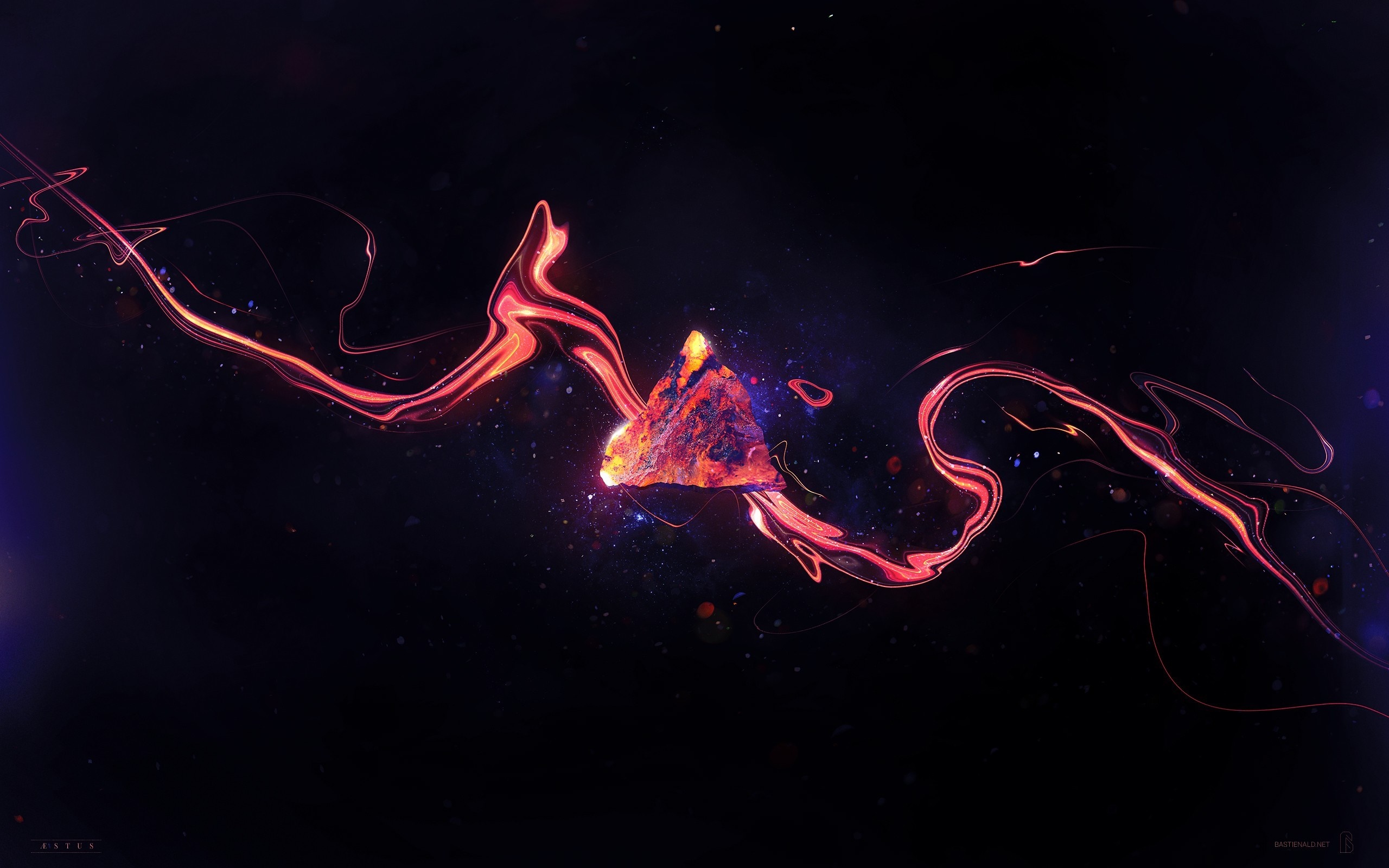 Abstract digital art with colorful light trails and a central geometric shape HD Wallpaper
