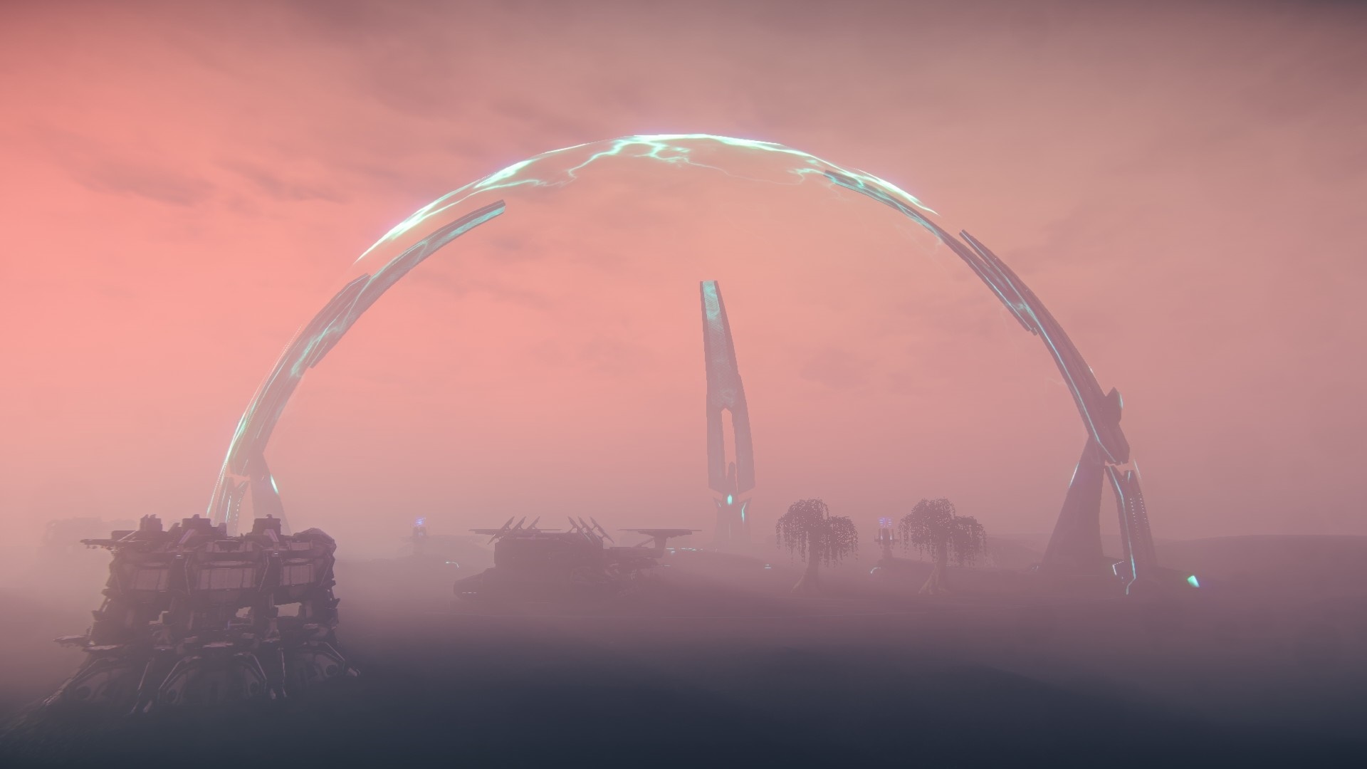 Sci-fi landscape with energy arch and structures HD Wallpaper