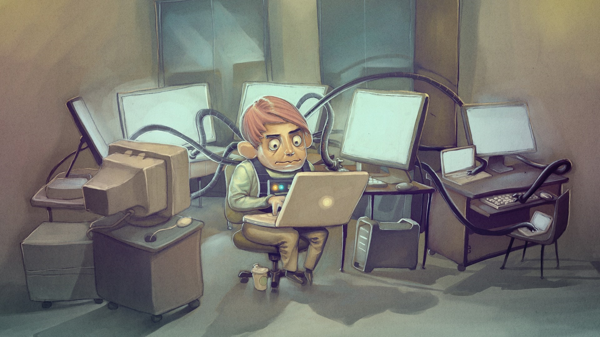 Man surrounded by multiple computer monitors and cables HD Wallpaper