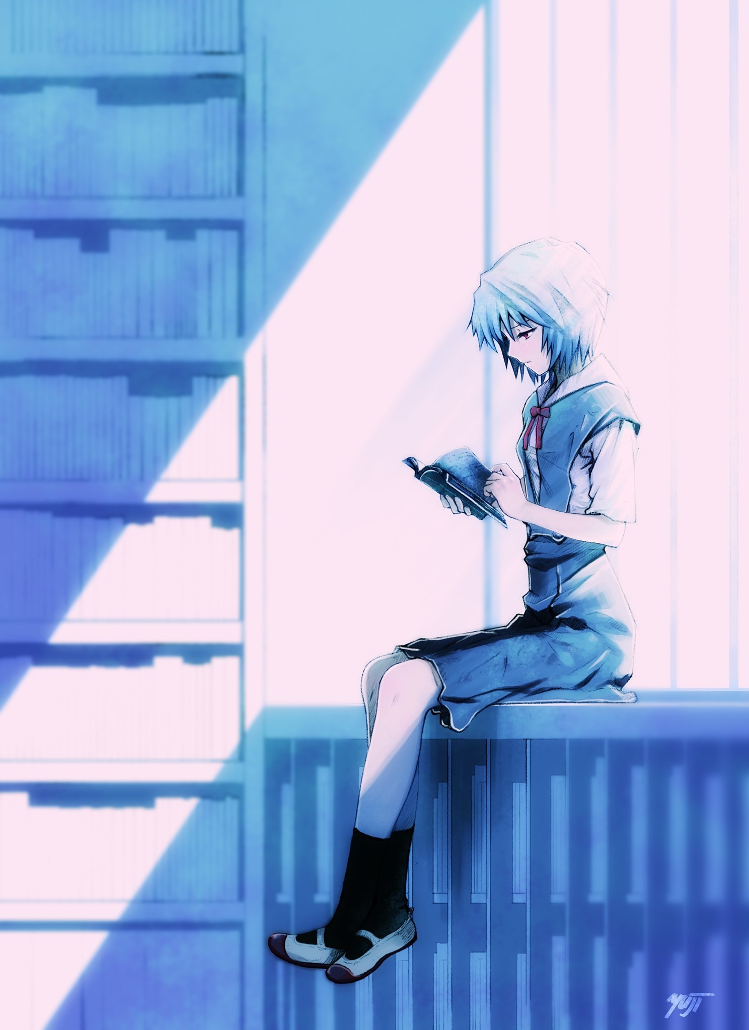 Rei Ayanami from Neon Genesis Evangelion reading a book HD Wallpaper