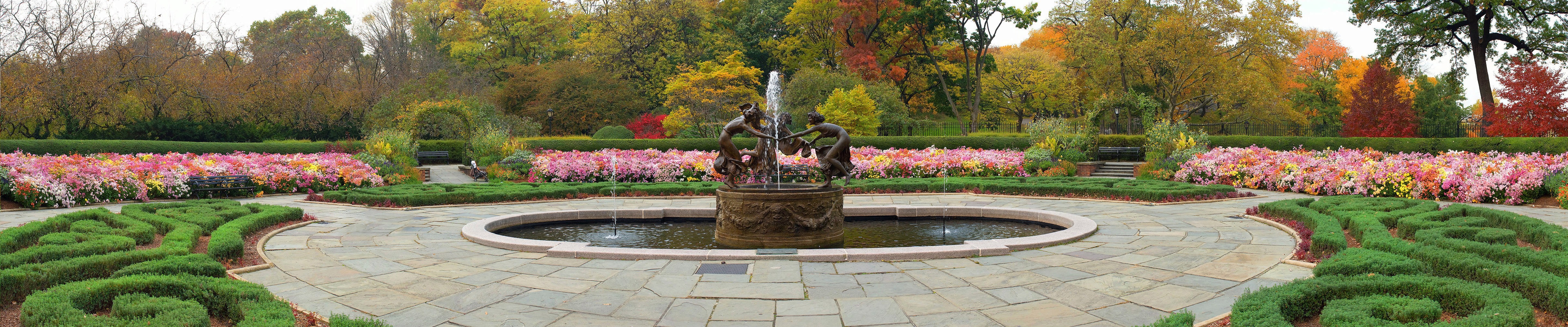 Botanical Garden with Fountain and Colorful Flowers HD Wallpaper