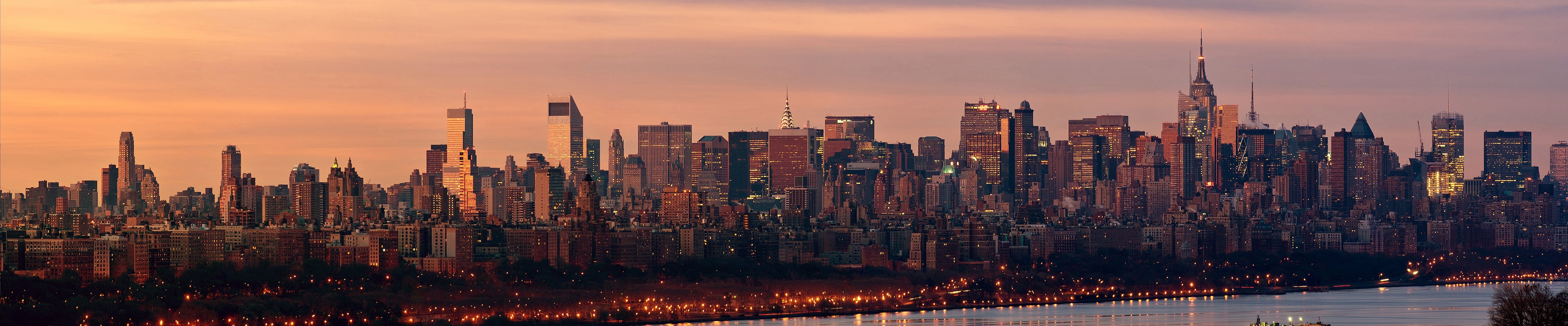 New York City skyline at sunset panorama HD Wallpaper