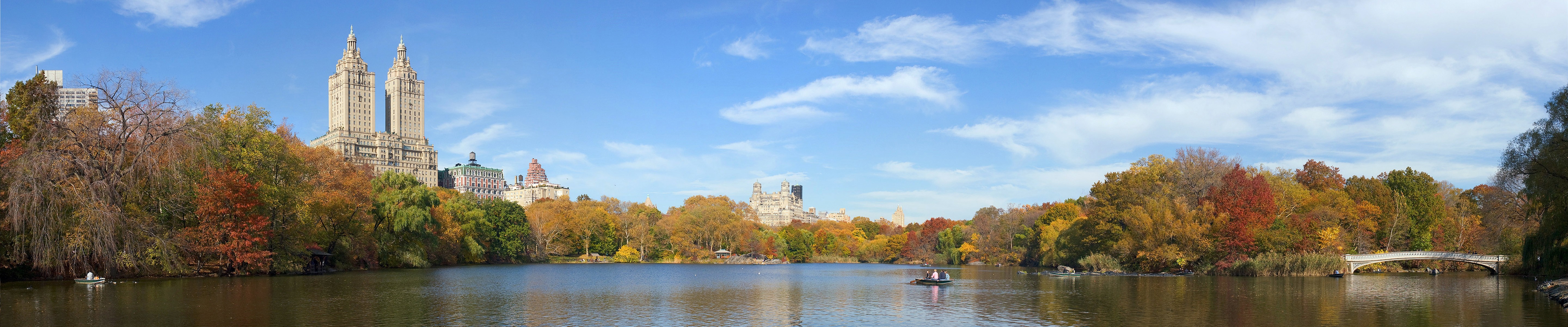 Central Park Lake in Autumn with Buildings and Bridge HD Wallpaper