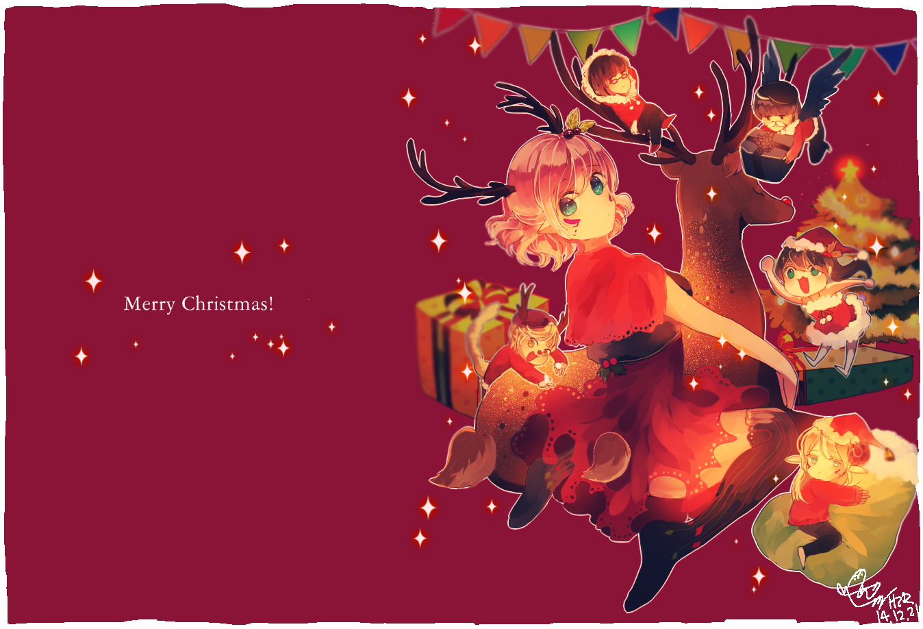 Christmas illustration with anime characters and reindeer HD Wallpaper